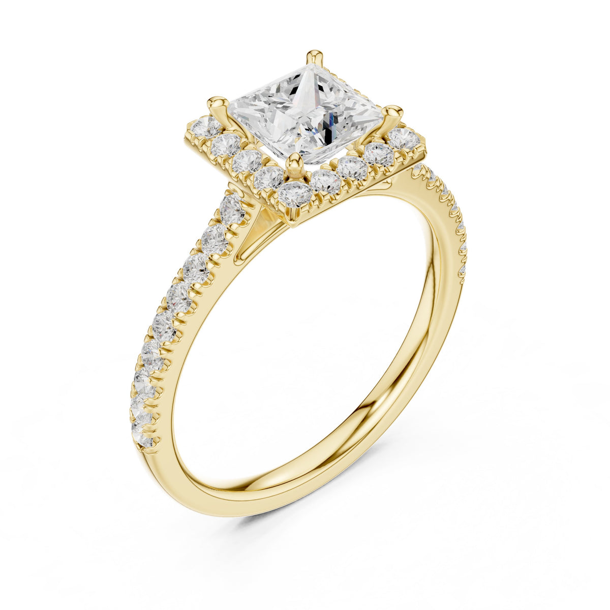 Princess Cut Halo Engagement Ring with Pavé Band