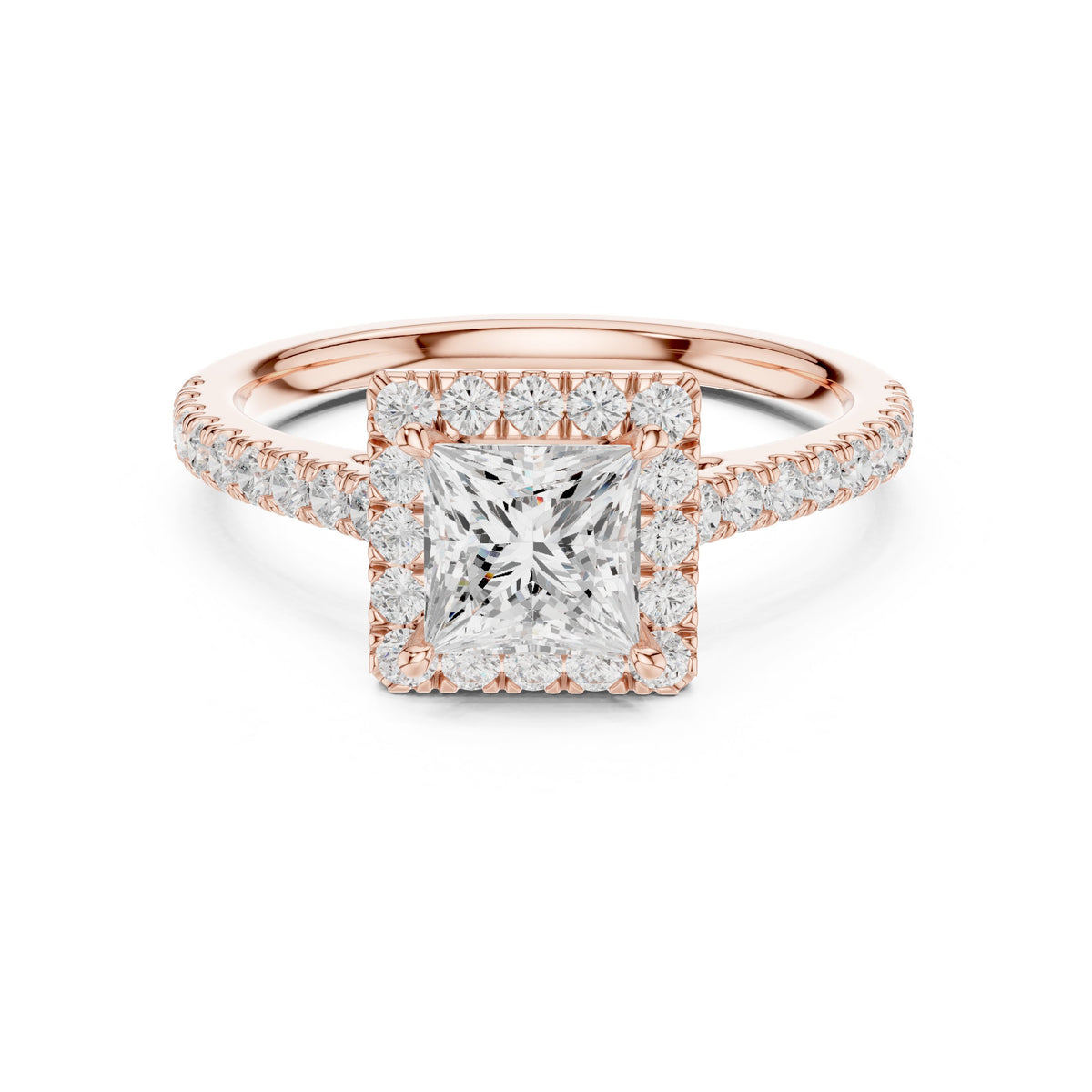 Princess Cut Halo Engagement Ring with Pavé Band