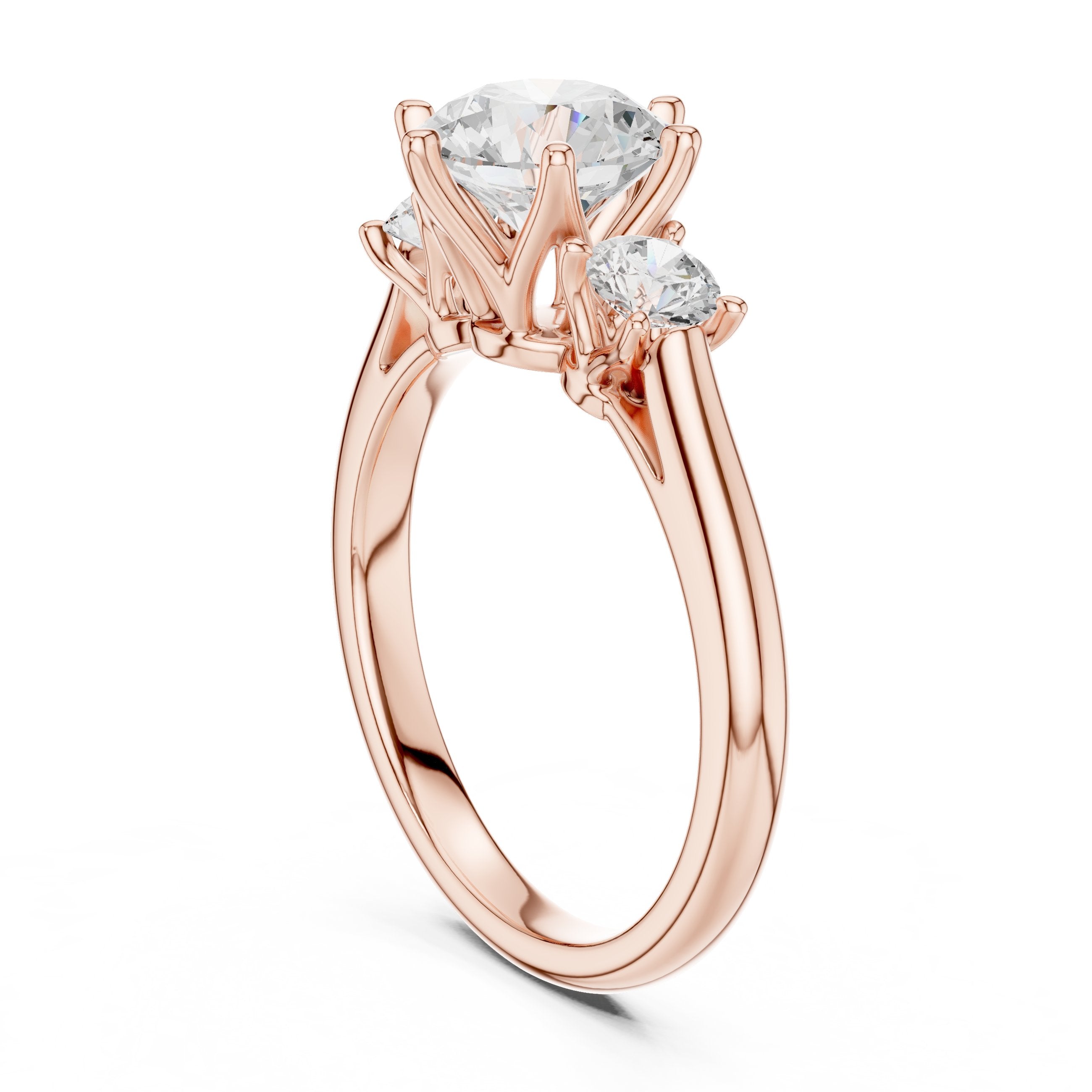 Round Diamond Three Stone Engagement Ring in Rose Gold - VYKA Diamonds