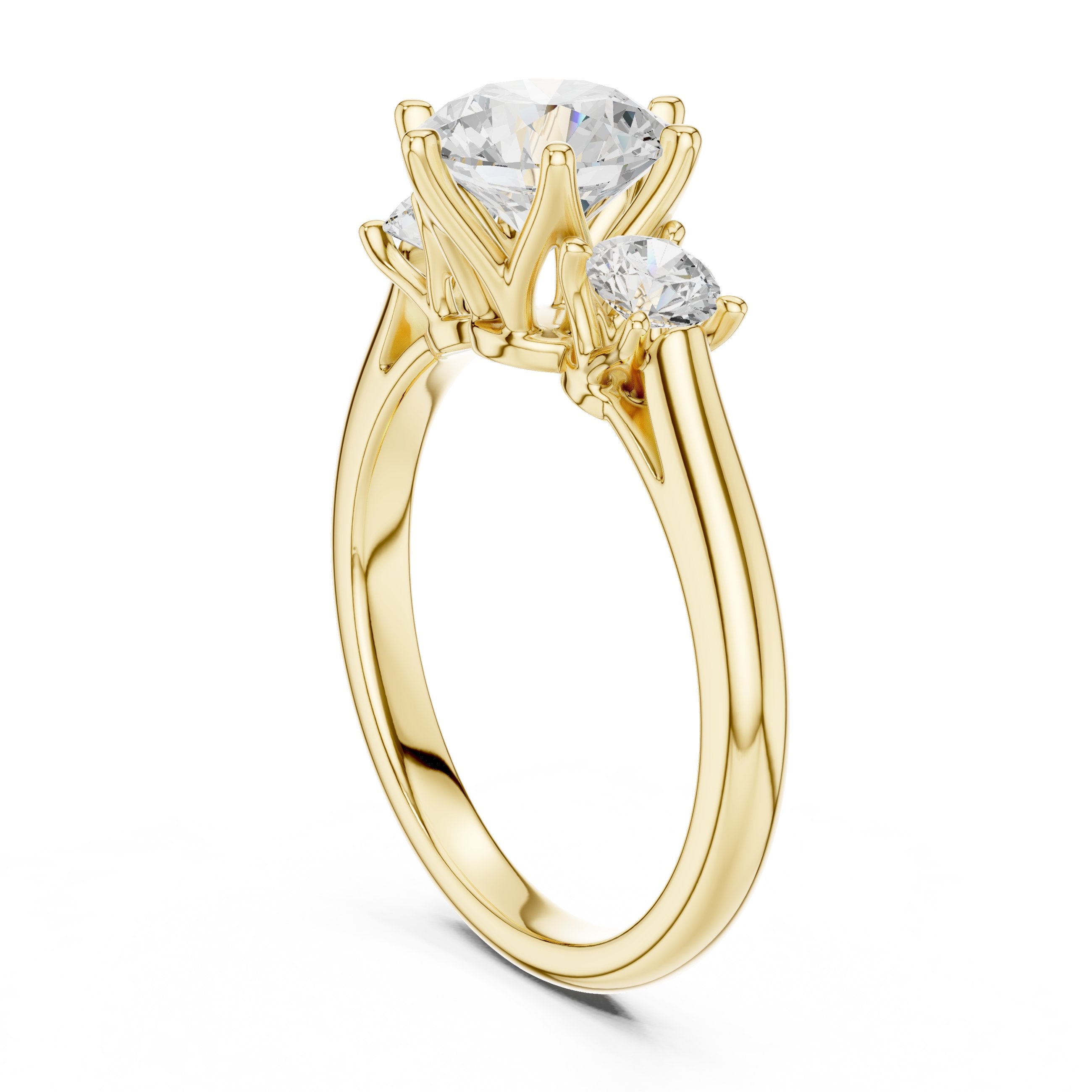 Round Diamond Three Stone Engagement Ring in Yellow Gold - VYKA Diamonds