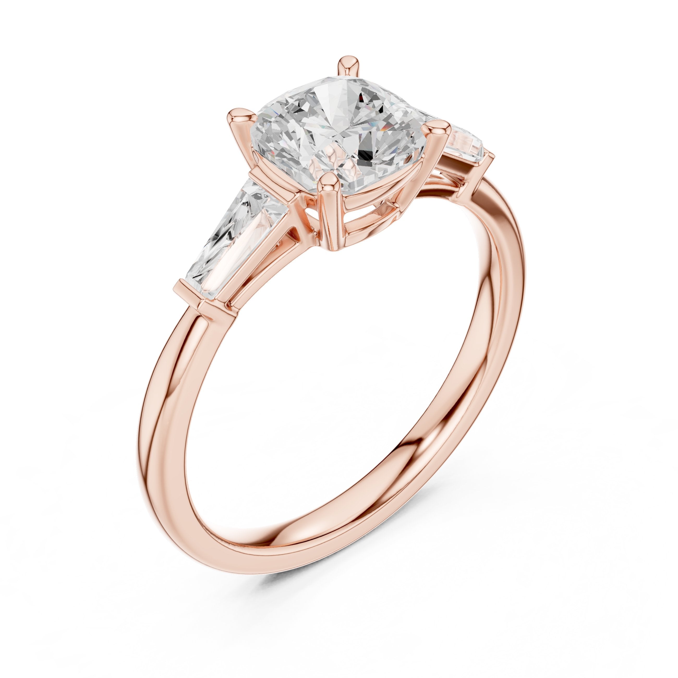 Cushion Cut Three Stone Engagement Ring with Tapered Baguette Sides in Rose Gold - VYKA Diamonds