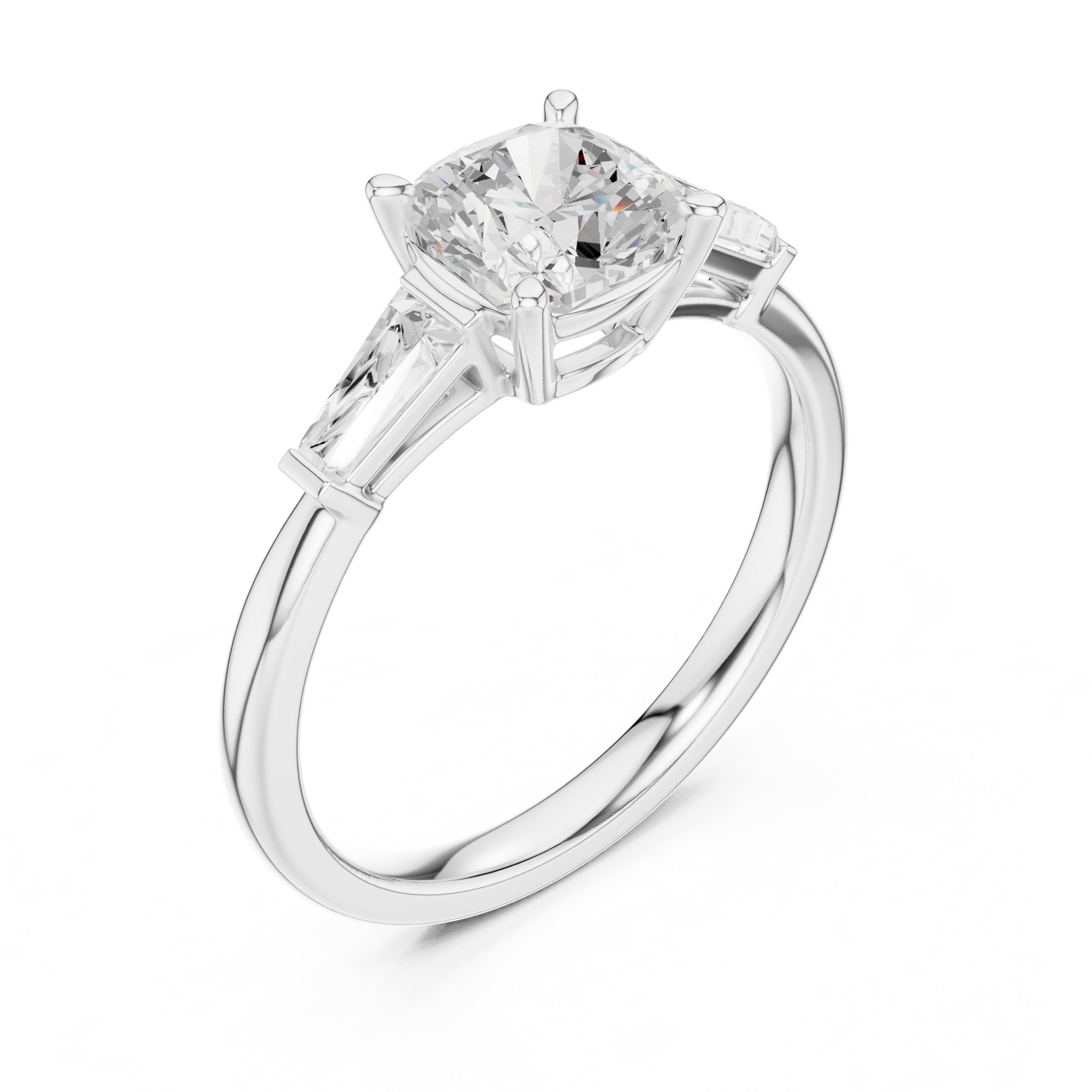 Cushion Cut Three Stone Engagement Ring with Tapered Baguette Sides in White Gold - VYKA Diamonds