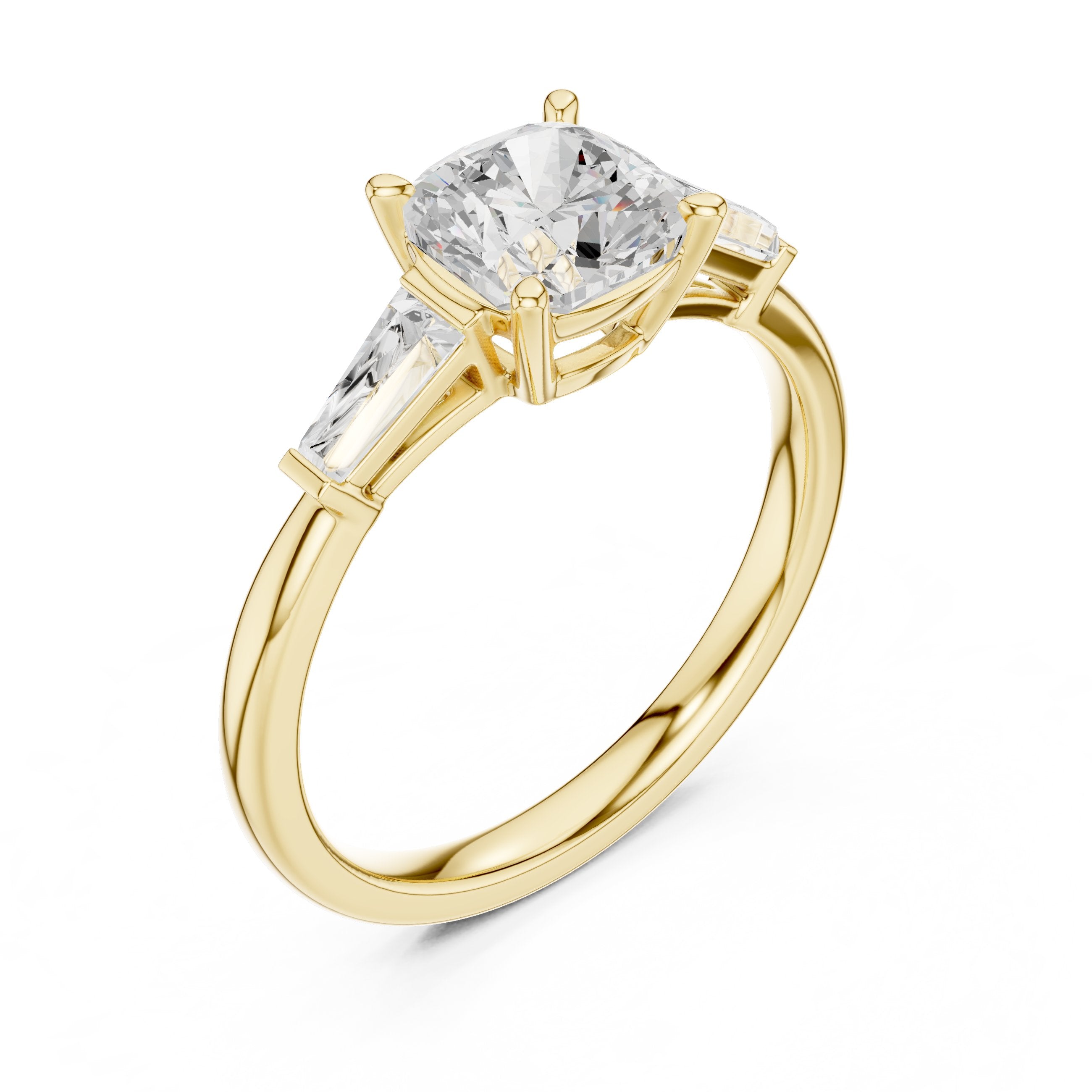 Cushion Cut Three Stone Engagement Ring with Tapered Baguette Sides in Yellow Gold - VYKA Diamonds