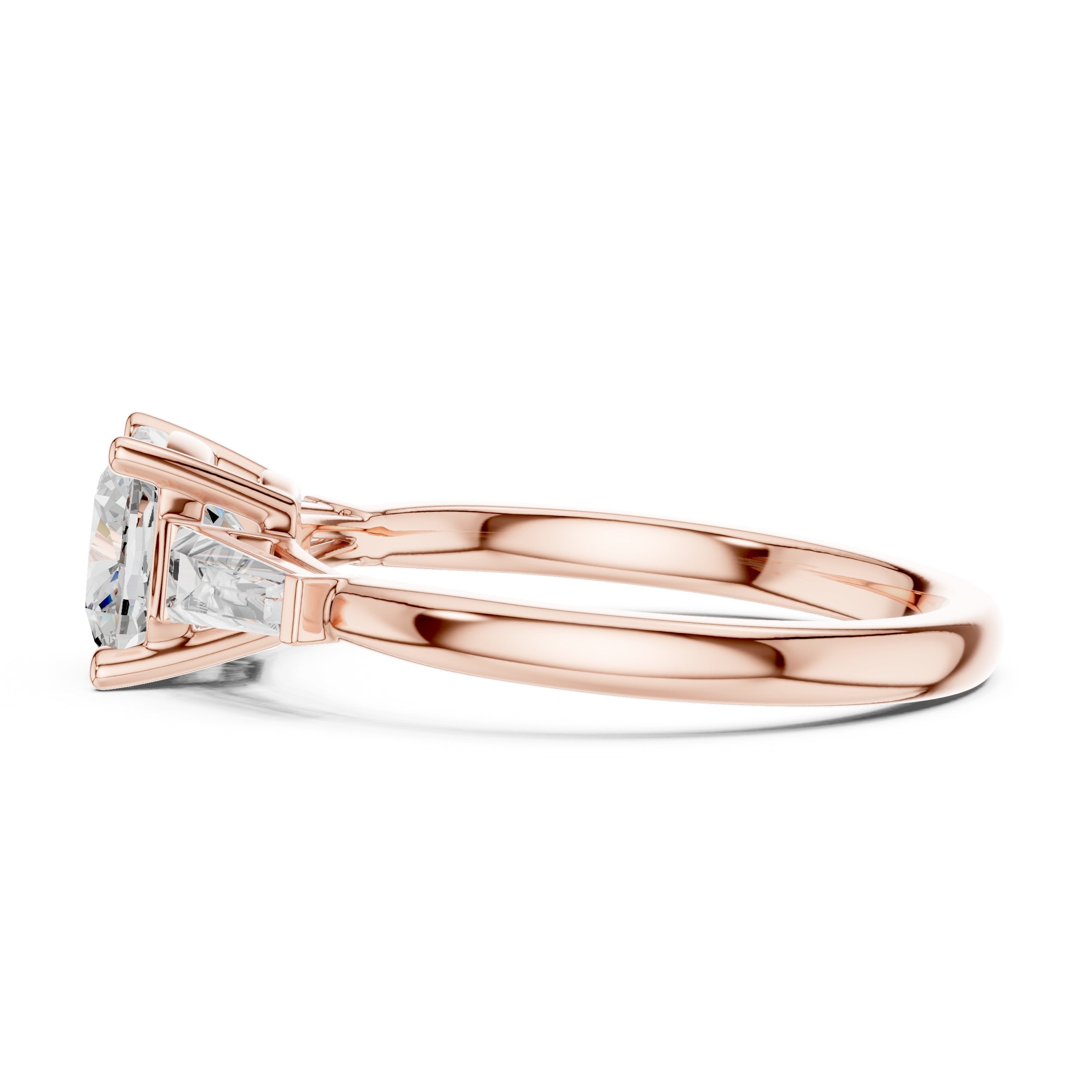 Cushion Cut Three Stone Engagement Ring with Tapered Baguette Sides in Rose Gold - VYKA Diamonds