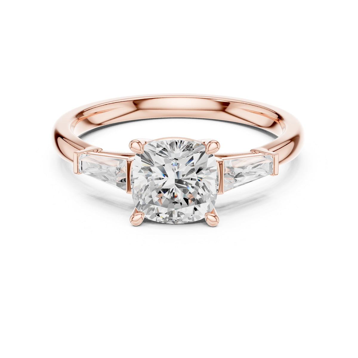 Cushion Cut Three Stone Engagement Ring with Tapered Baguette Sides