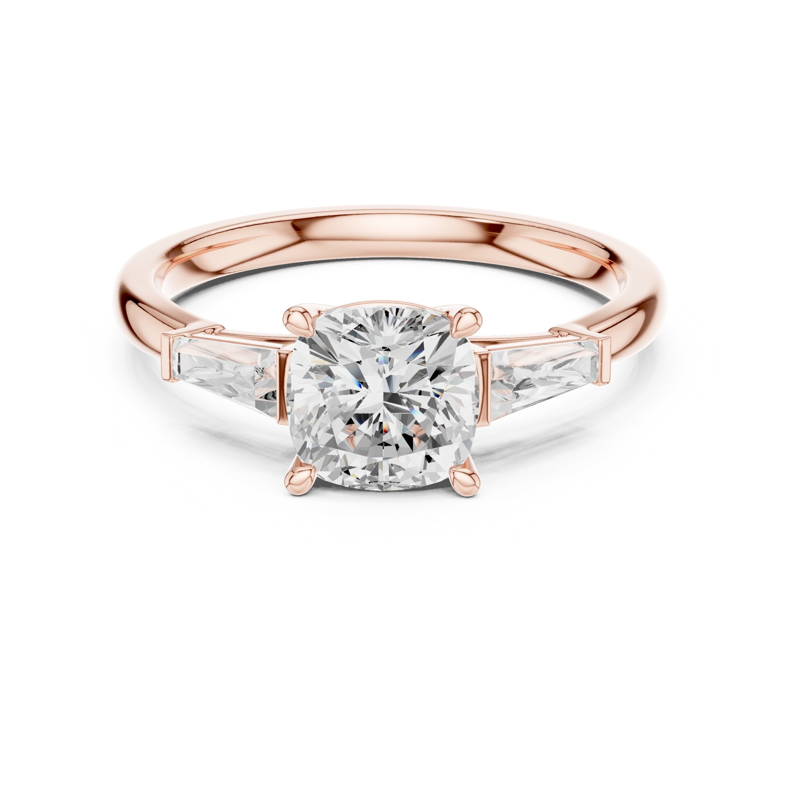 Cushion Cut Three Stone Engagement Ring with Tapered Baguette Sides in Rose Gold - VYKA Diamonds