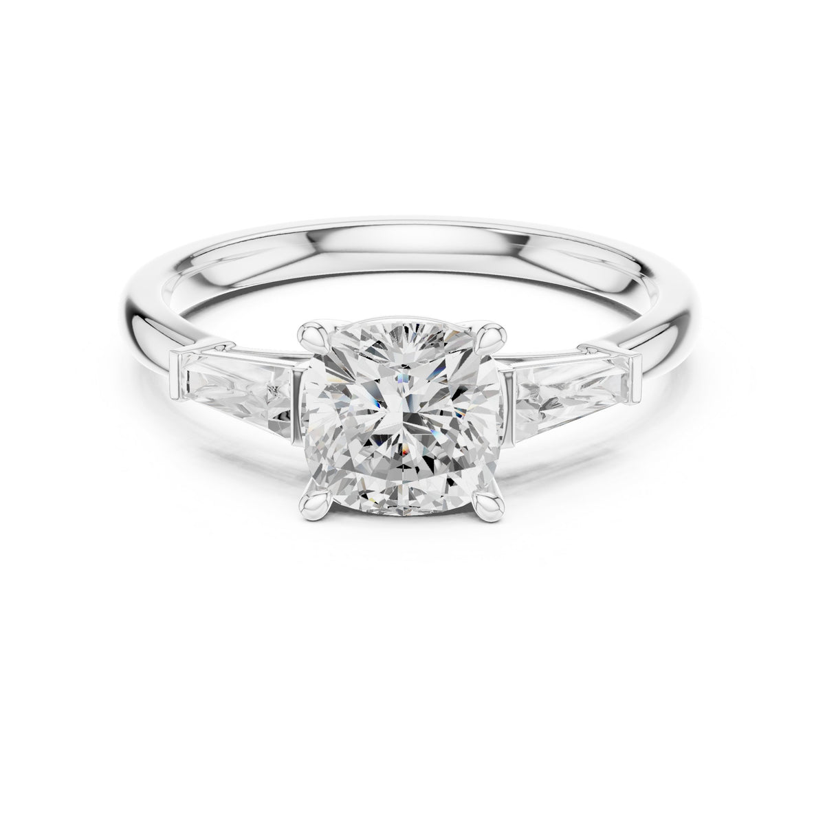Cushion Cut Three Stone Engagement Ring with Tapered Baguette Sides