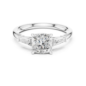 Cushion Cut Three Stone Engagement Ring with Tapered Baguette Sides