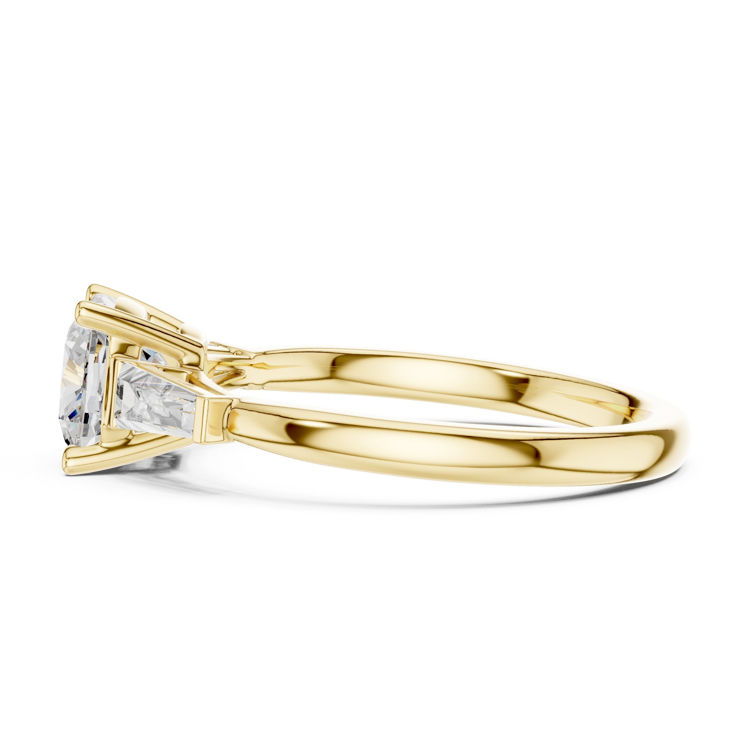 Cushion Cut Three Stone Engagement Ring with Tapered Baguette Sides in Yellow Gold - VYKA Diamonds