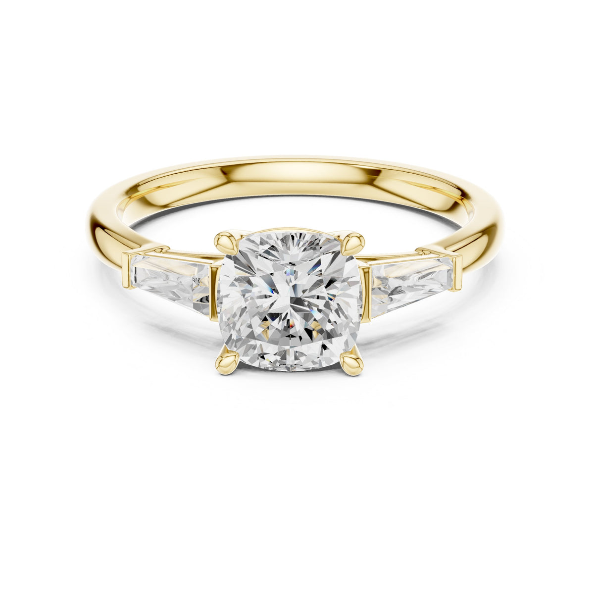 Cushion Cut Three Stone Engagement Ring with Tapered Baguette Sides