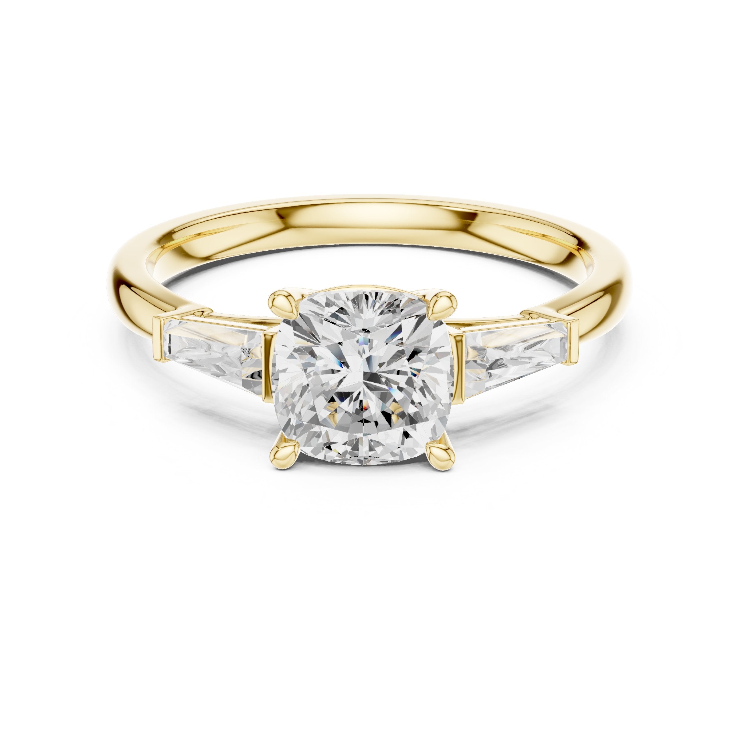 Cushion Cut Three Stone Engagement Ring with Tapered Baguette Sides in Yellow Gold - VYKA Diamonds