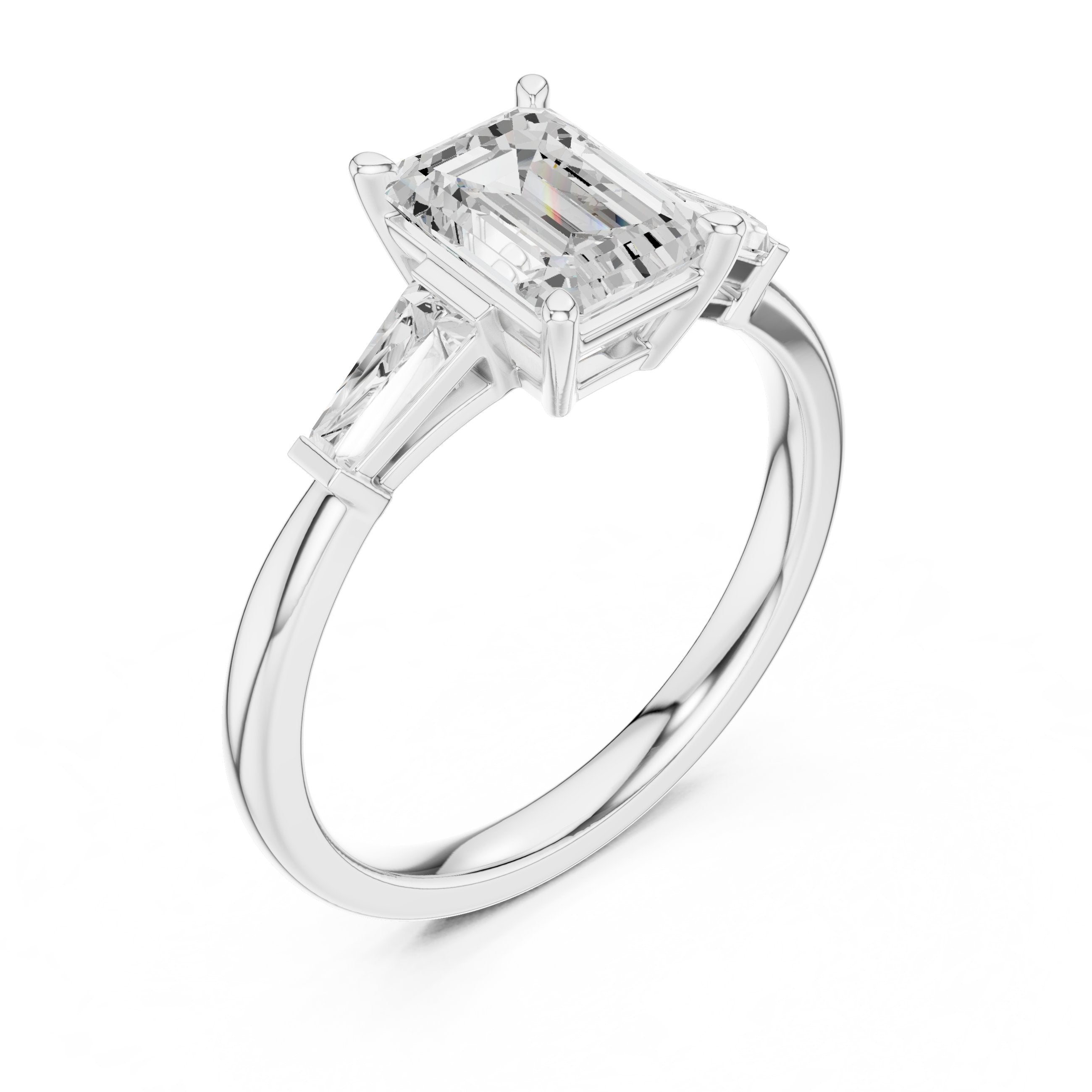 Emerald Cut Three Stone Engagement Ring with Tapered Baguette Sides in White Gold - VYKA Diamonds