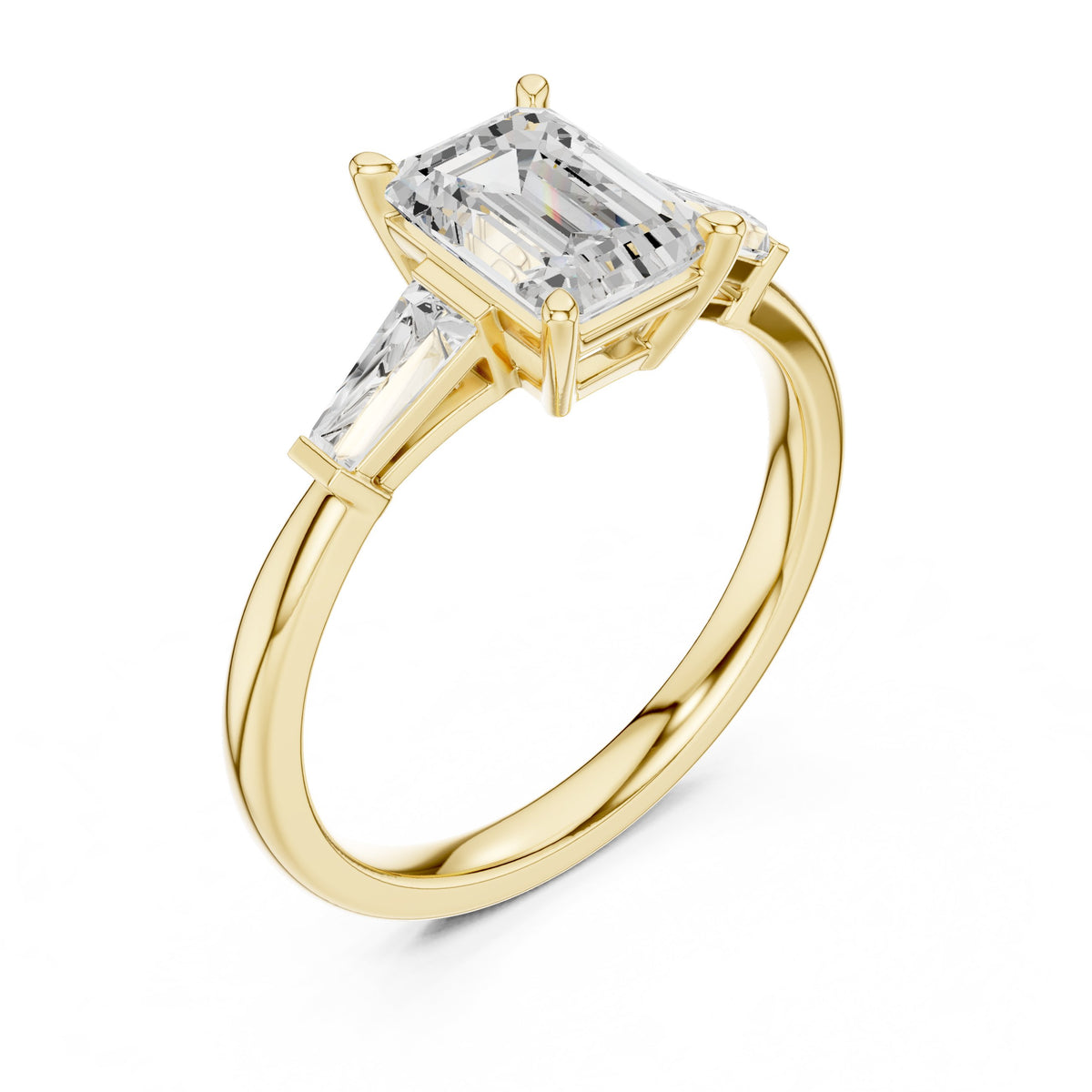 Emerald Cut Three Stone Engagement Ring with Tapered Baguette Sides