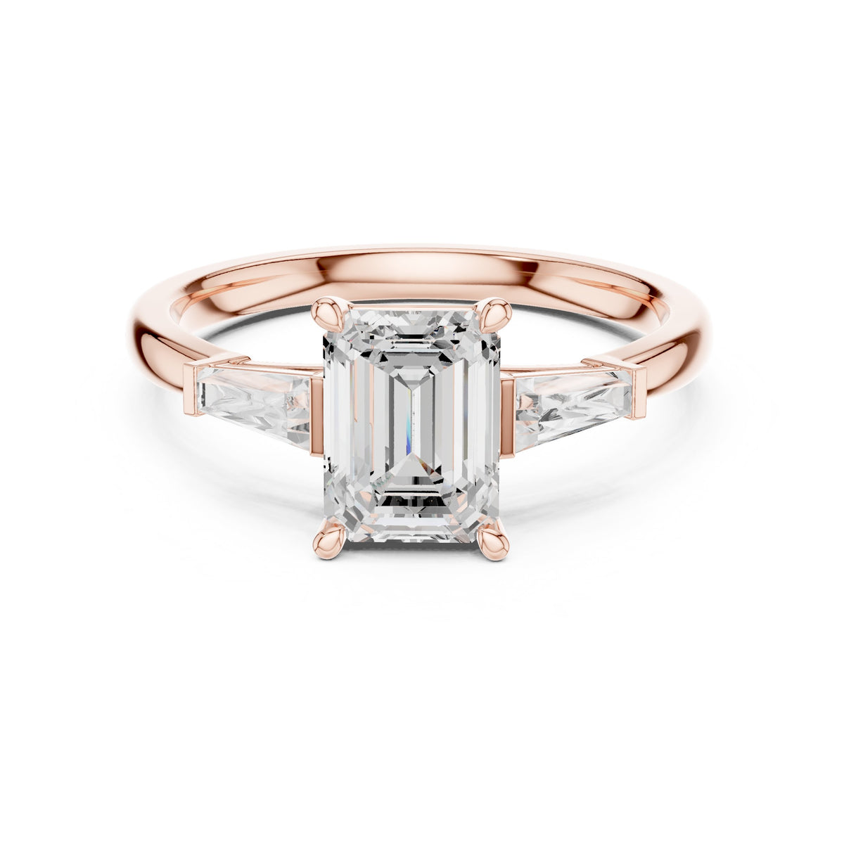 Emerald Cut Three Stone Engagement Ring with Tapered Baguette Sides