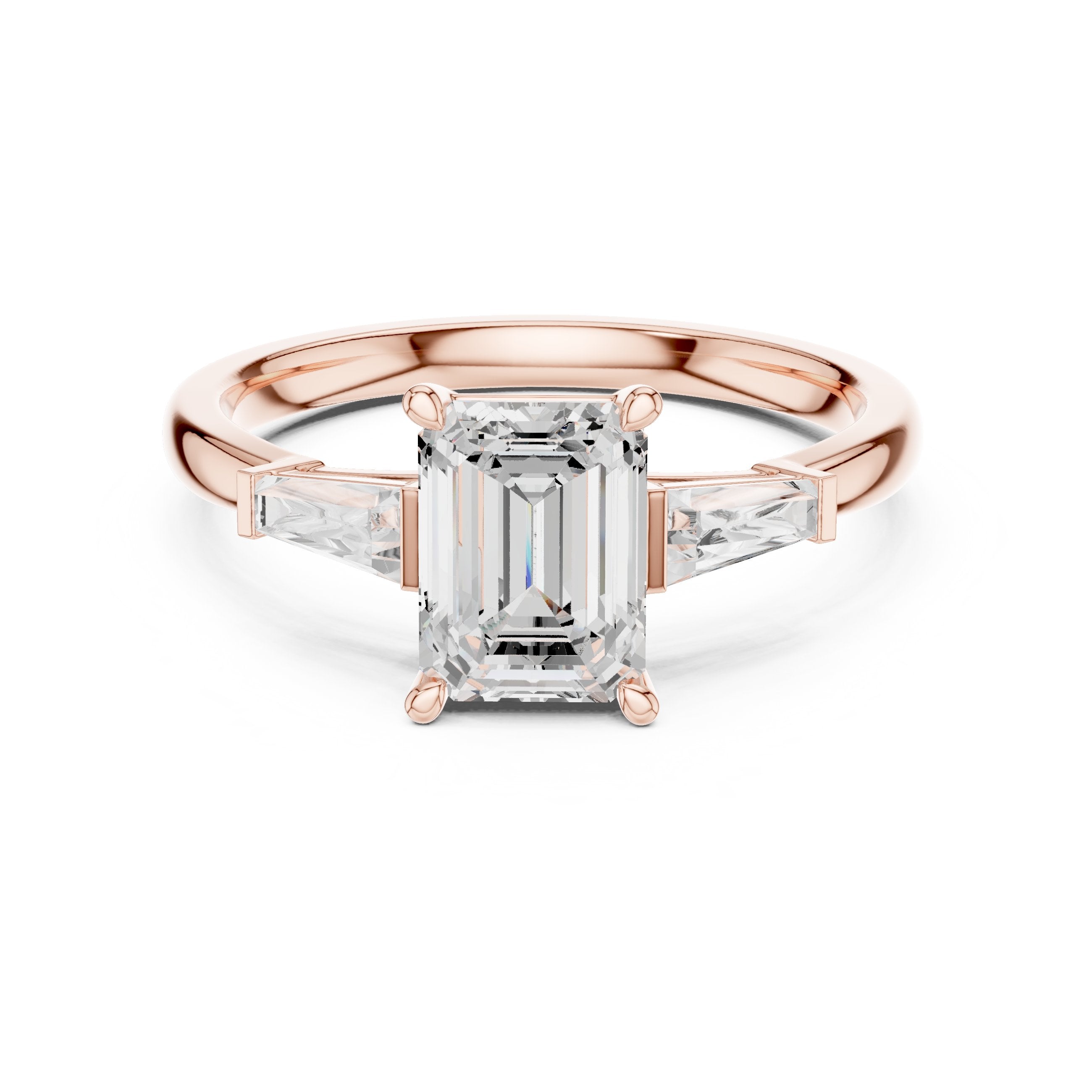 Emerald Cut Three Stone Engagement Ring with Tapered Baguette Sides in Rose Gold - VYKA Diamonds