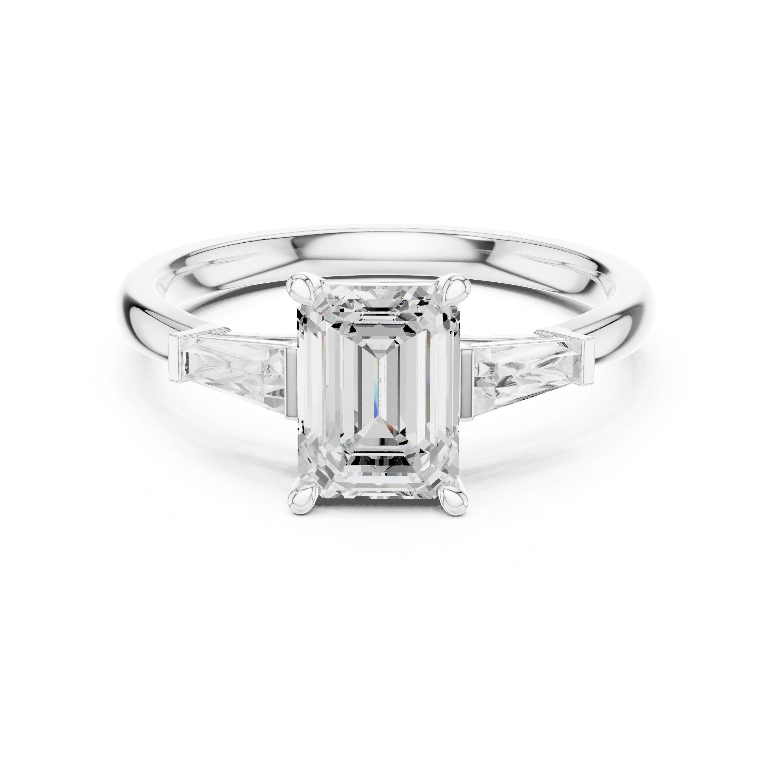 Emerald Cut Three Stone Engagement Ring with Tapered Baguette Sides in White Gold - VYKA Diamonds