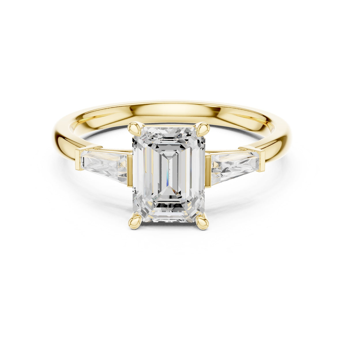 Emerald Cut Three Stone Engagement Ring with Tapered Baguette Sides