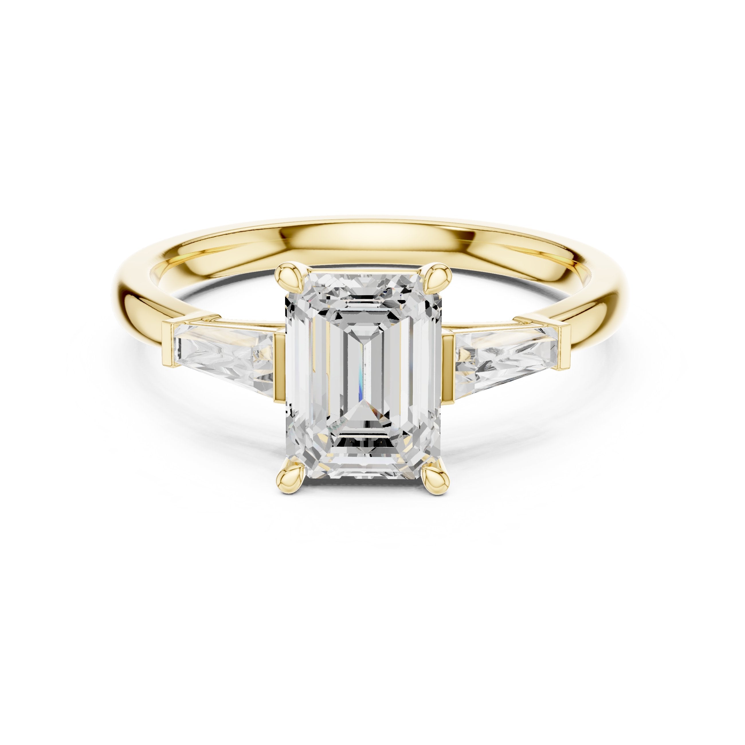 Emerald Cut Three Stone Engagement Ring with Tapered Baguette Sides in Yellow Gold - VYKA Diamonds