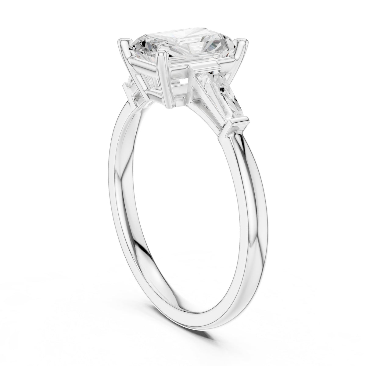 Radiant Cut Three Stone Engagement Ring with Tapered Baguette Sides