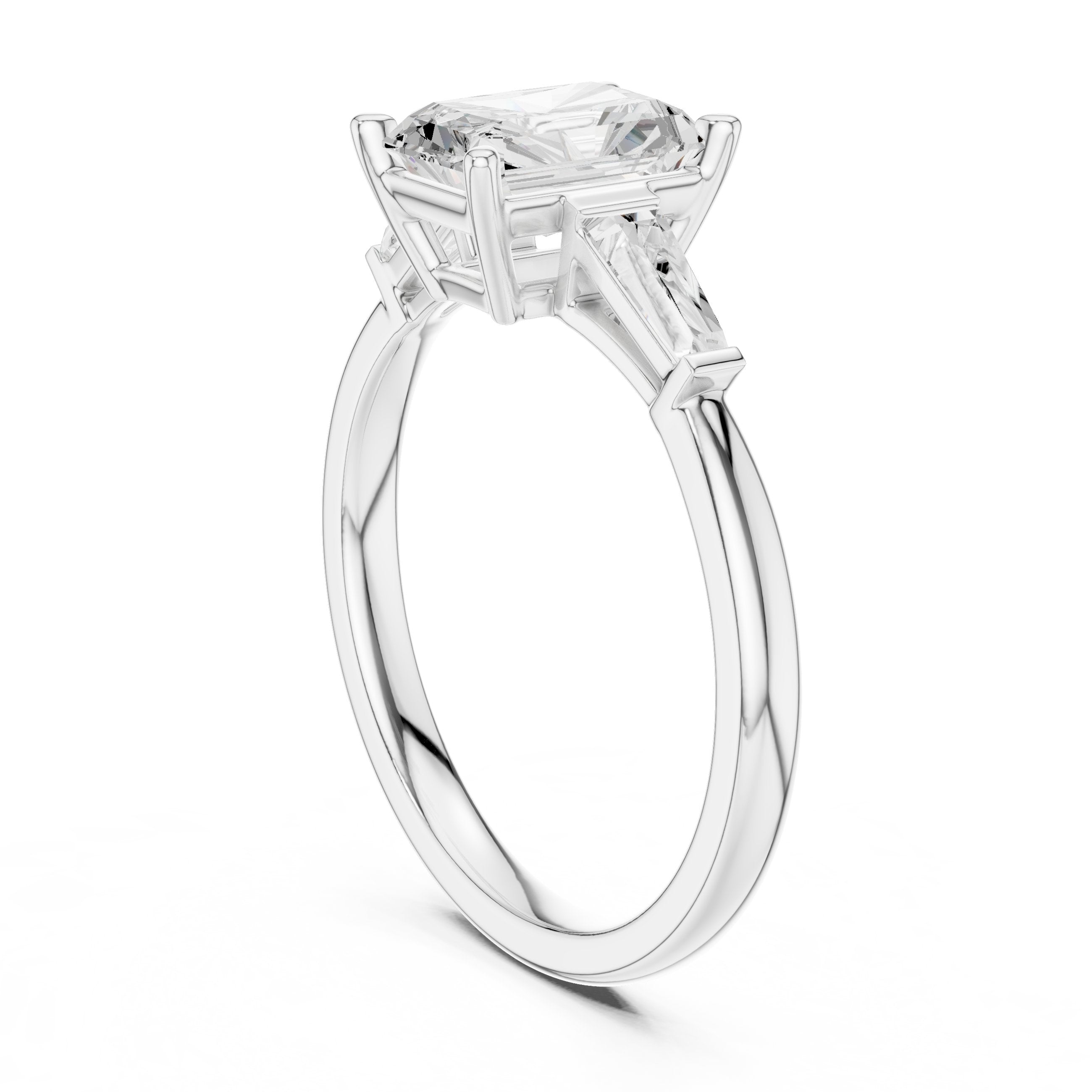 Radiant Cut Three Stone Engagement Ring with Tapered Baguette Sides in White Gold - VYKA Diamonds