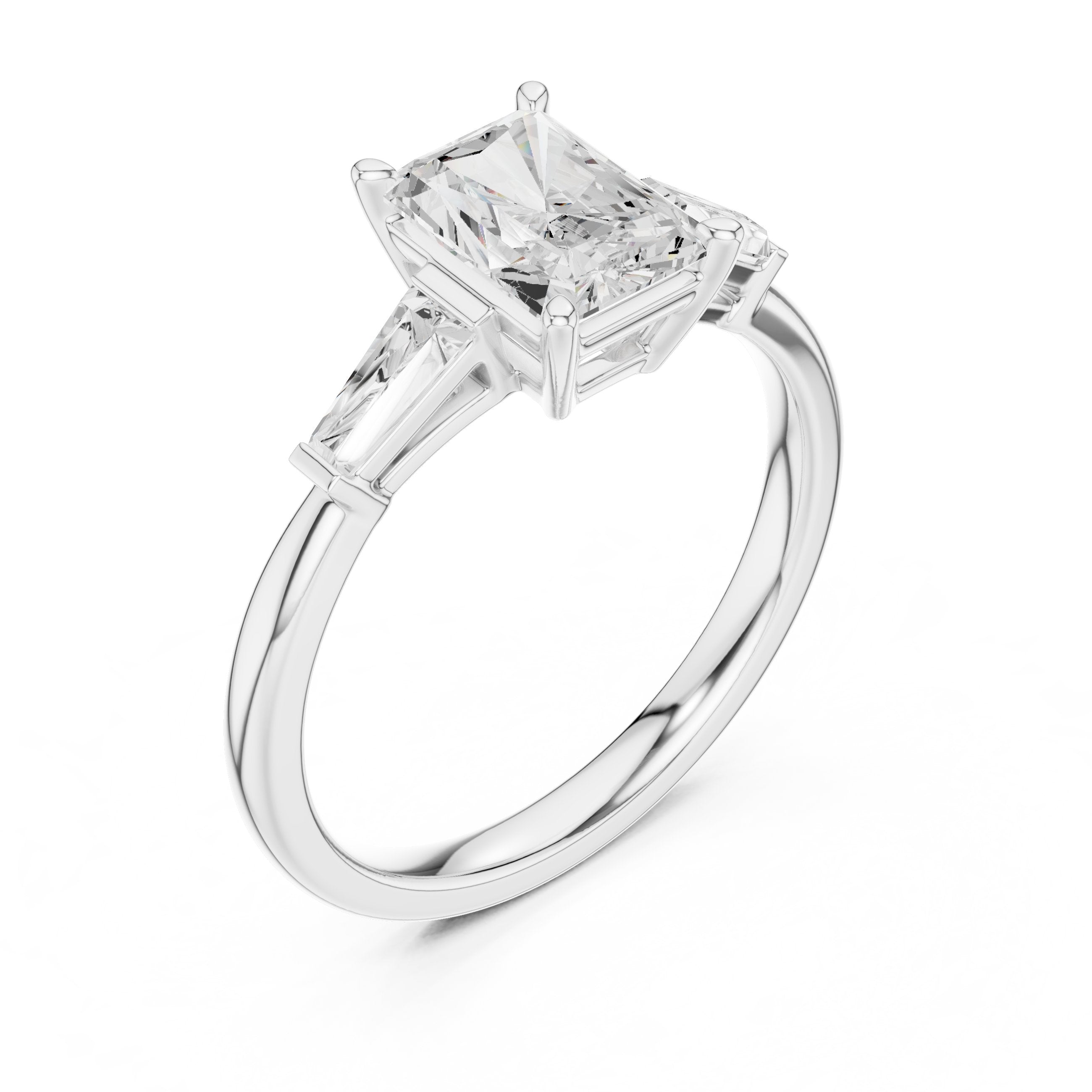 Radiant Cut Three Stone Engagement Ring with Tapered Baguette Sides in White Gold - VYKA Diamonds