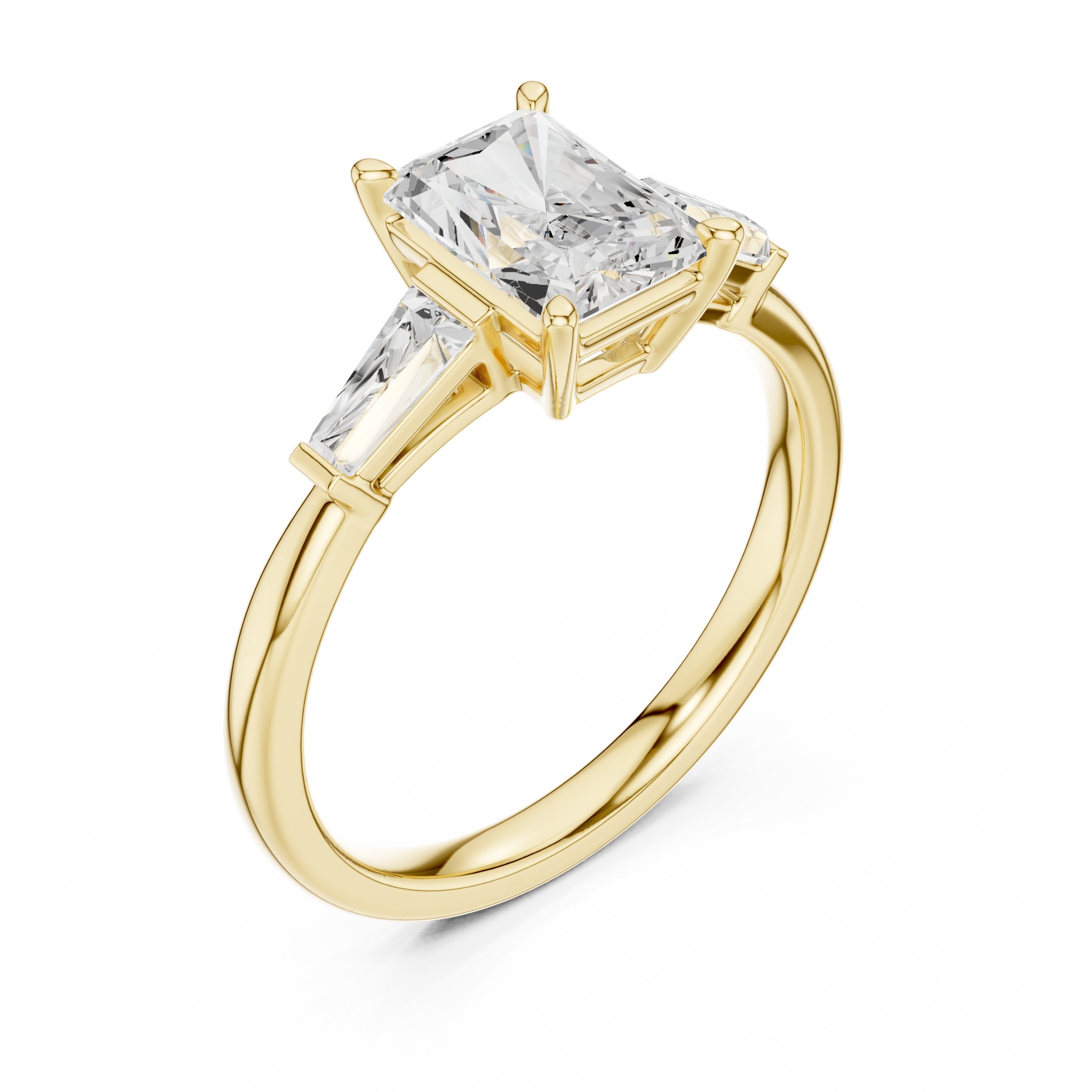 Radiant Cut Three Stone Engagement Ring with Tapered Baguette Sides in Yellow Gold - VYKA Diamonds