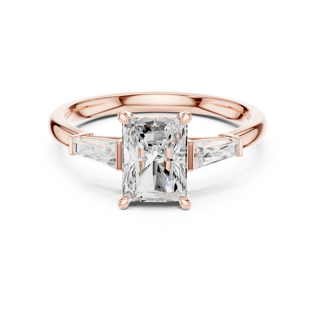 Radiant Cut Three Stone Engagement Ring with Tapered Baguette Sides