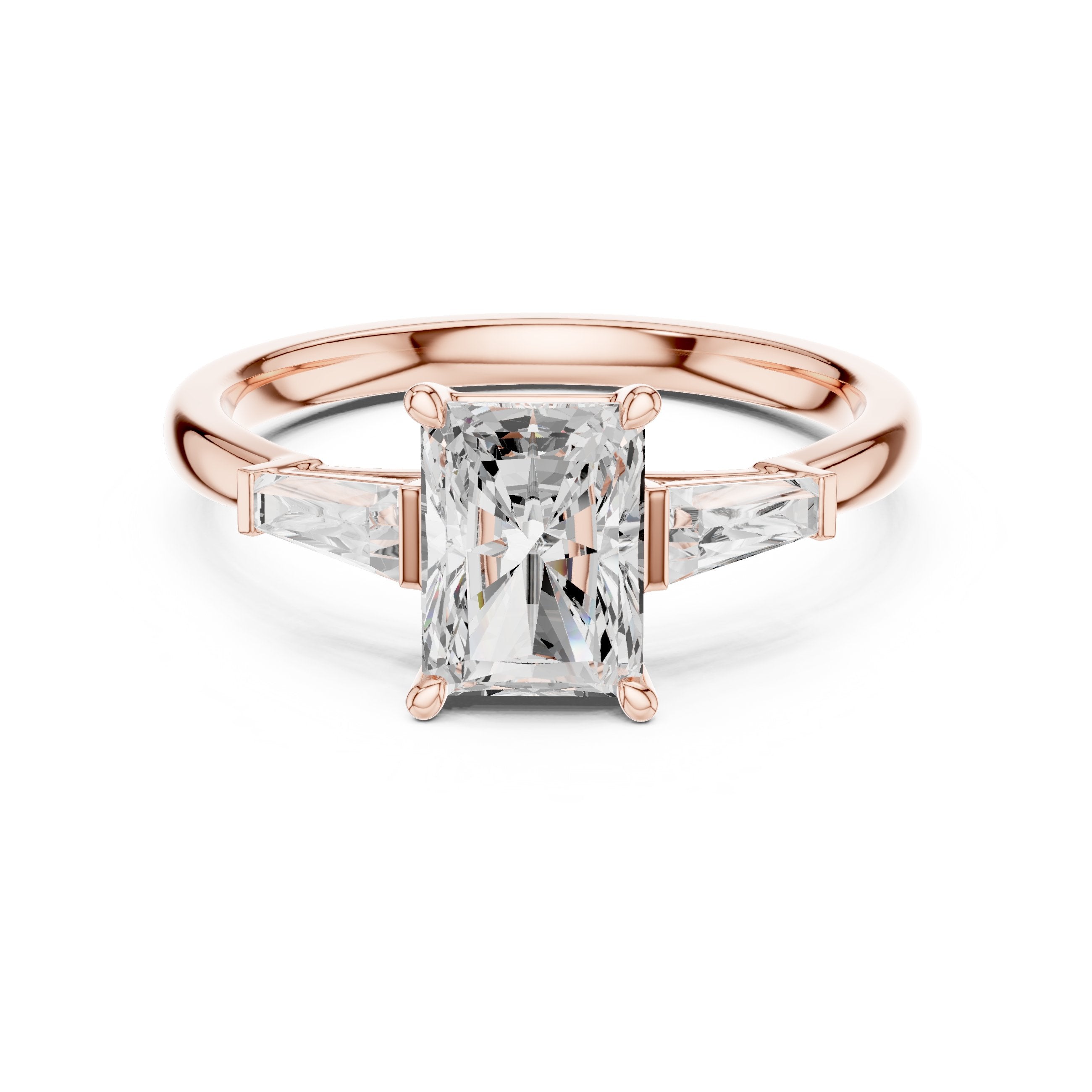 Radiant Cut Three Stone Engagement Ring with Tapered Baguette Sides in Rose Gold - VYKA Diamonds