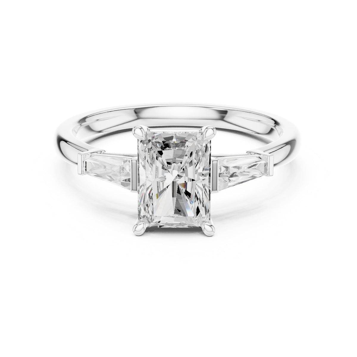Radiant Cut Three Stone Engagement Ring with Tapered Baguette Sides