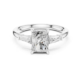 Radiant Cut Three Stone Engagement Ring with Tapered Baguette Sides