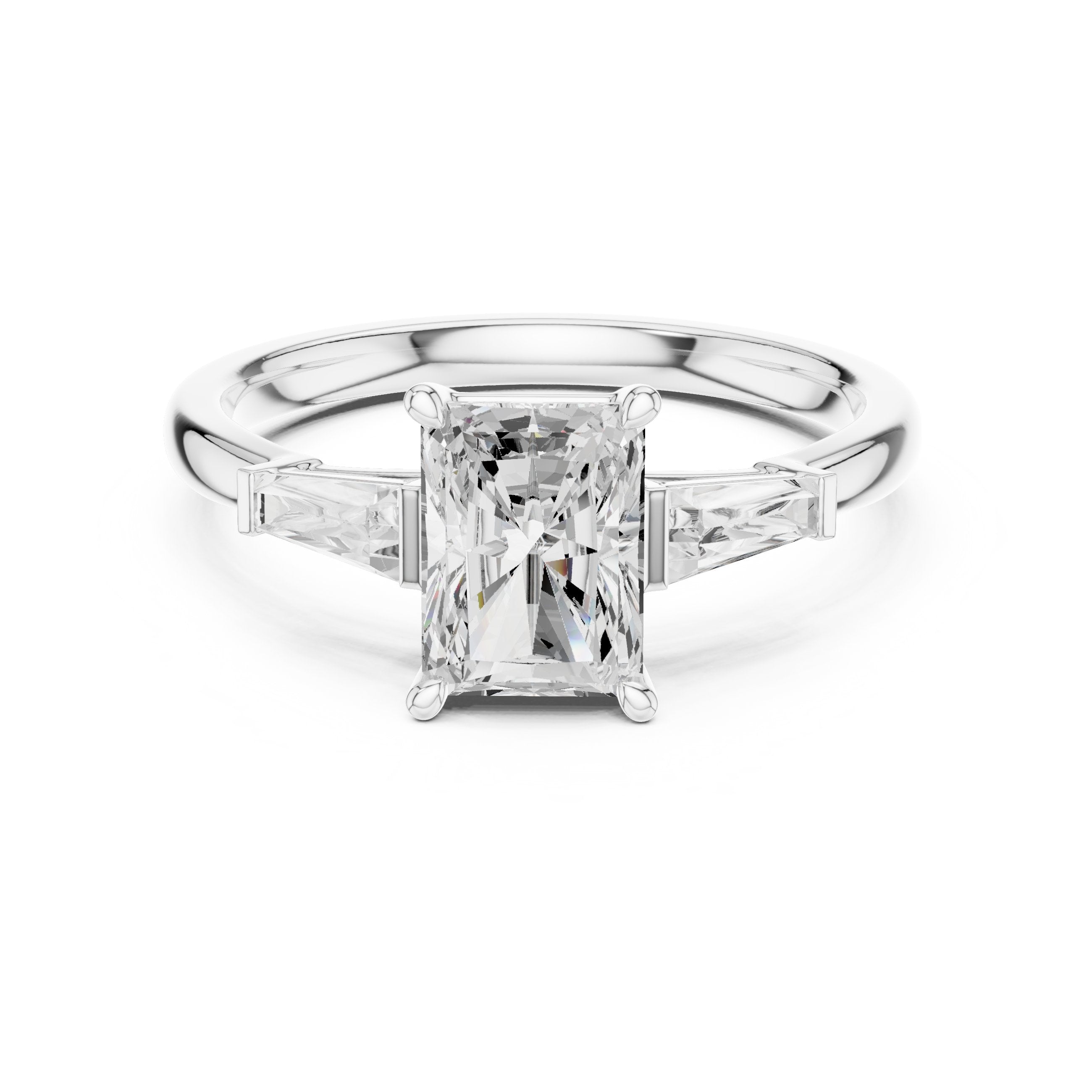 Radiant Cut Three Stone Engagement Ring with Tapered Baguette Sides in White Gold - VYKA Diamonds