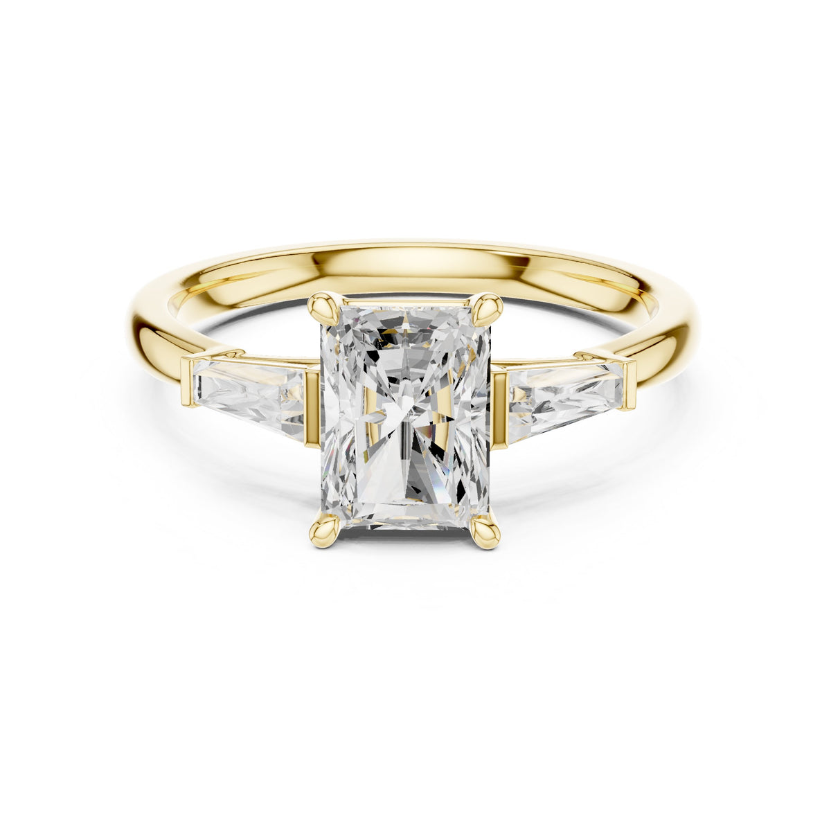 Radiant Cut Three Stone Engagement Ring with Tapered Baguette Sides