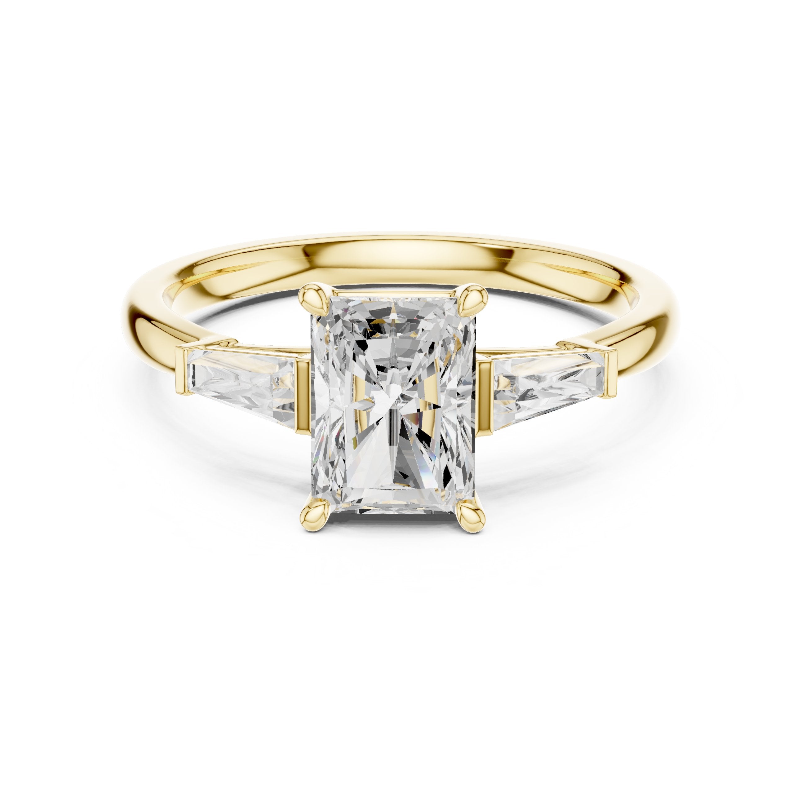 Radiant Cut Three Stone Engagement Ring with Tapered Baguette Sides in Yellow Gold - VYKA Diamonds