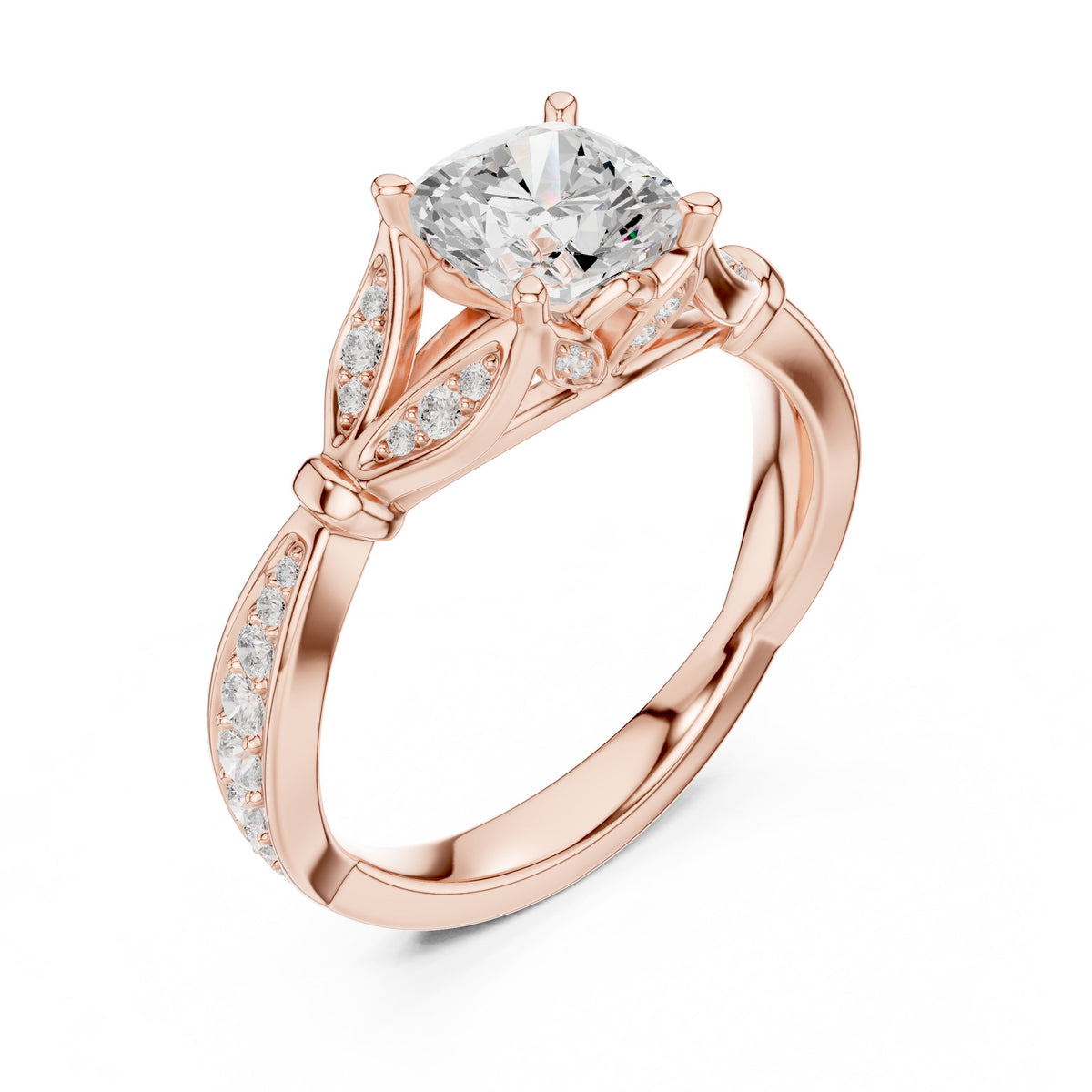 Cushion Cut Halo Engagement Ring with Floral Side Accents