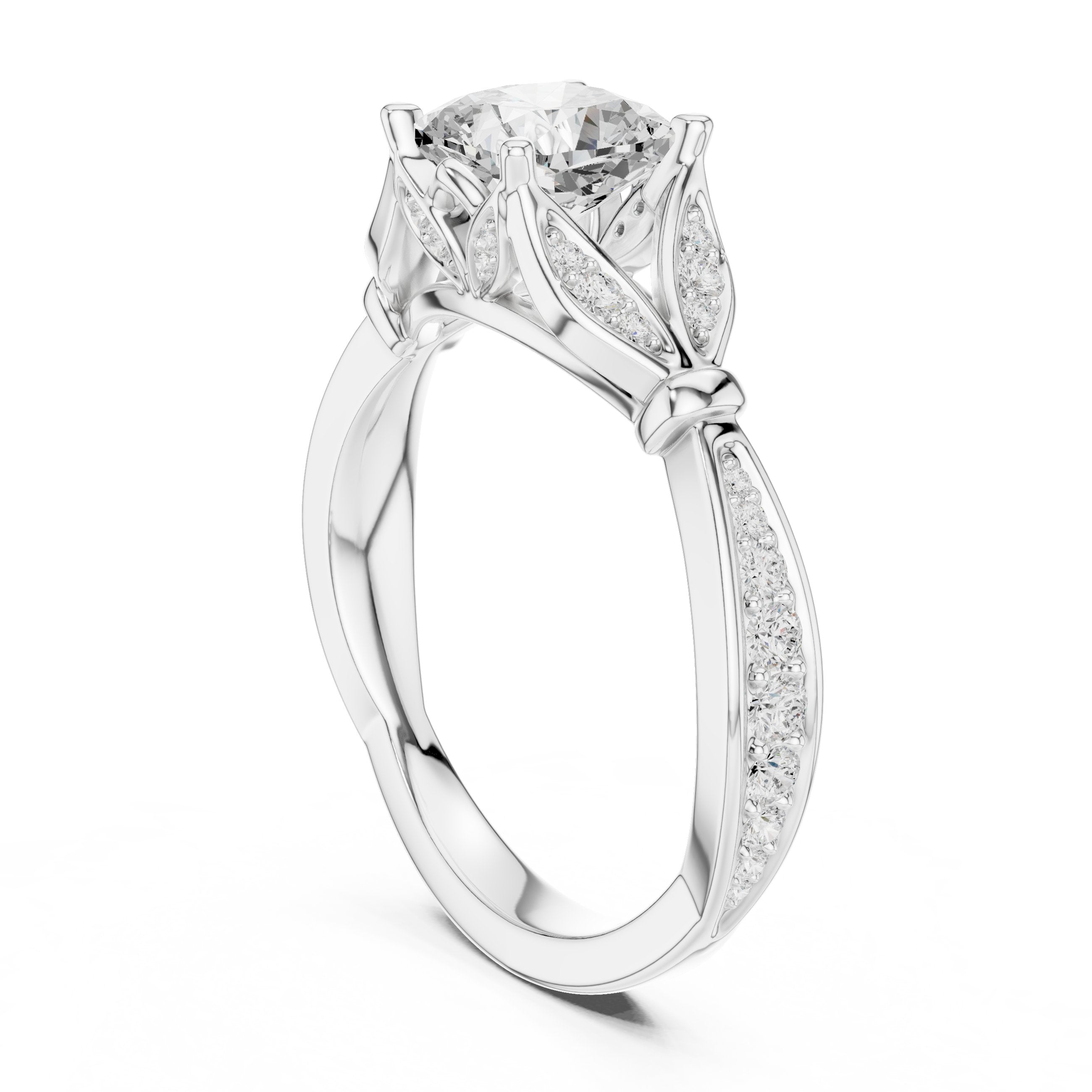Cushion Cut Halo Engagement Ring with Floral Side Accents in White Gold - VYKA Diamonds