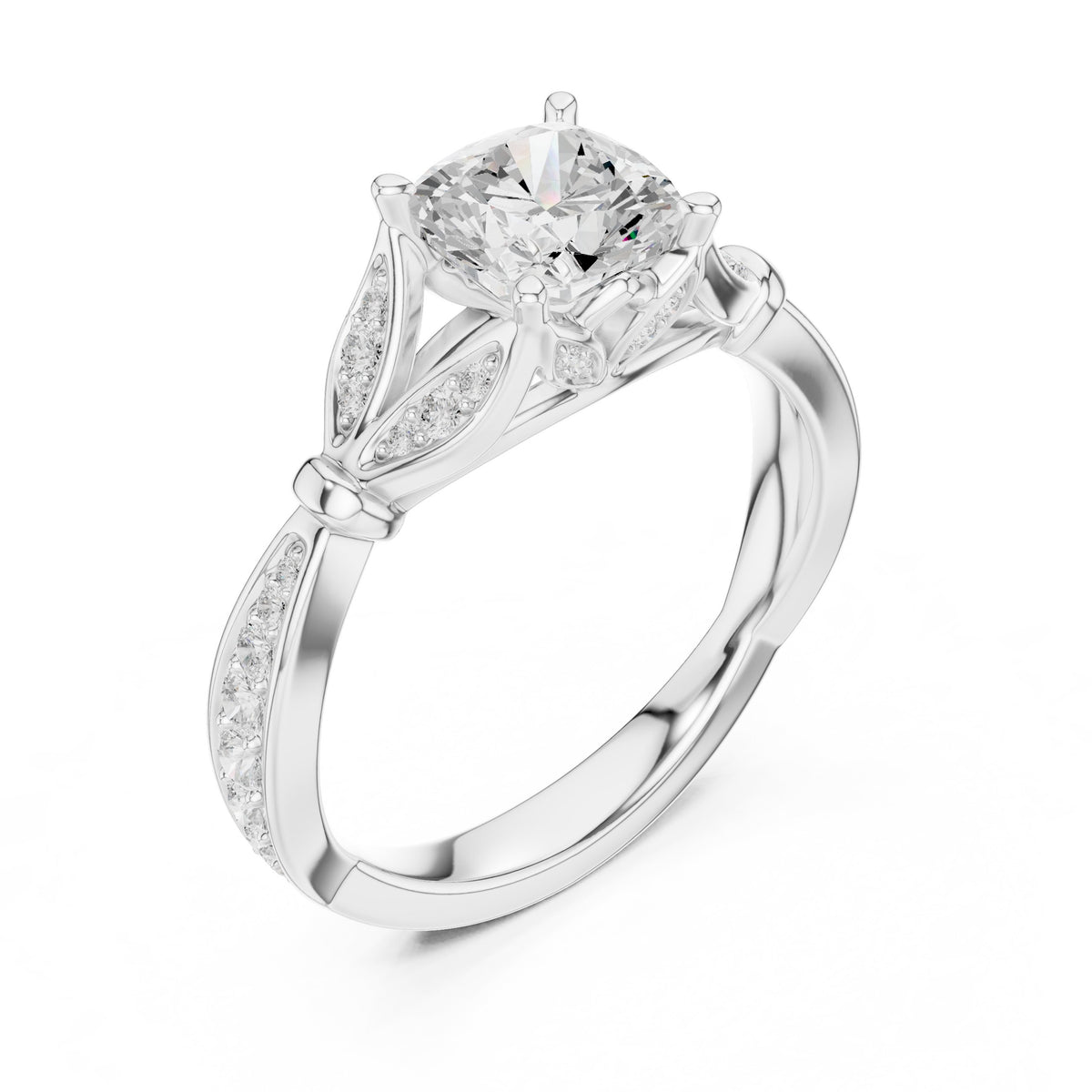 Cushion Cut Halo Engagement Ring with Floral Side Accents