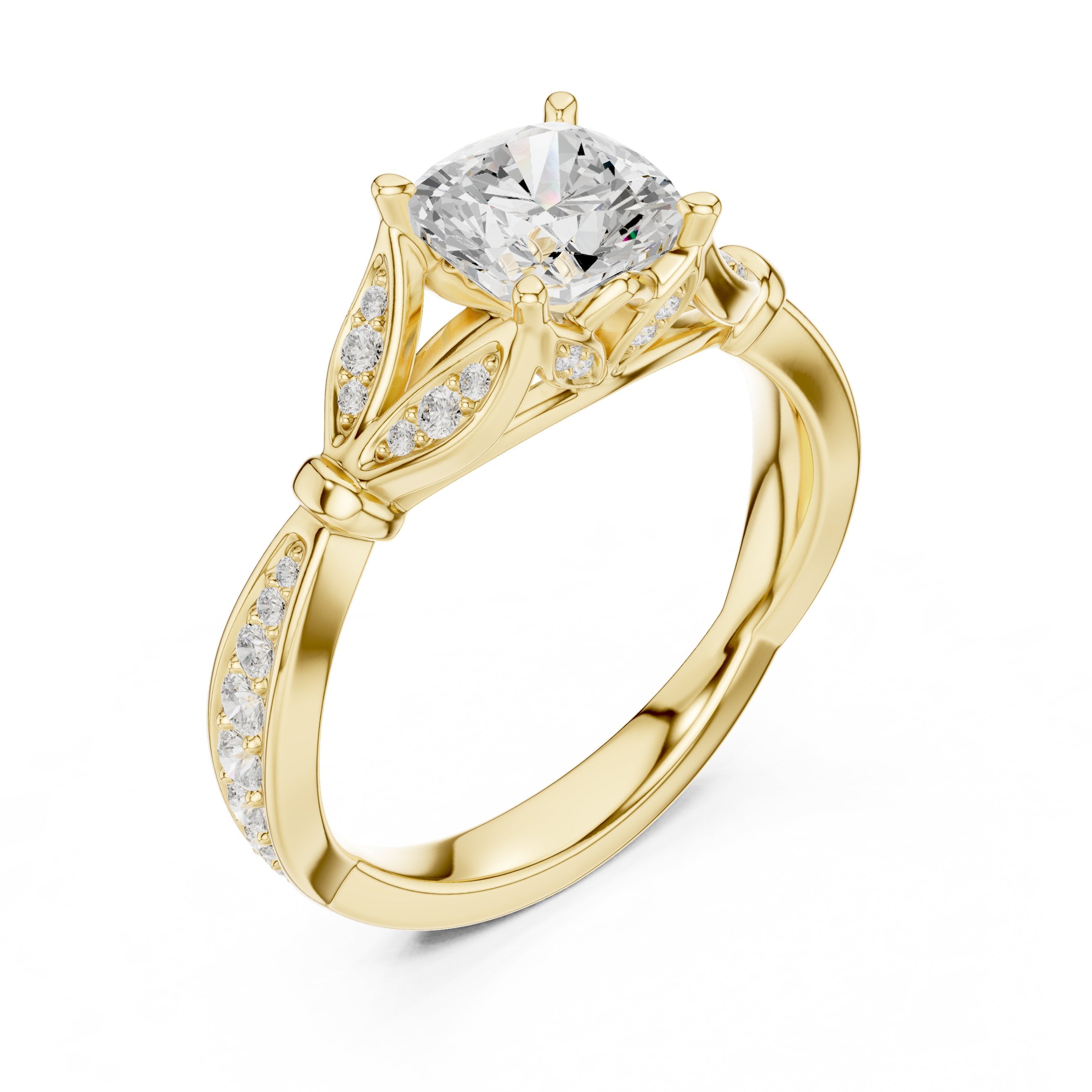 Cushion Cut Halo Engagement Ring with Floral Side Accents in Yellow Gold - VYKA Diamonds