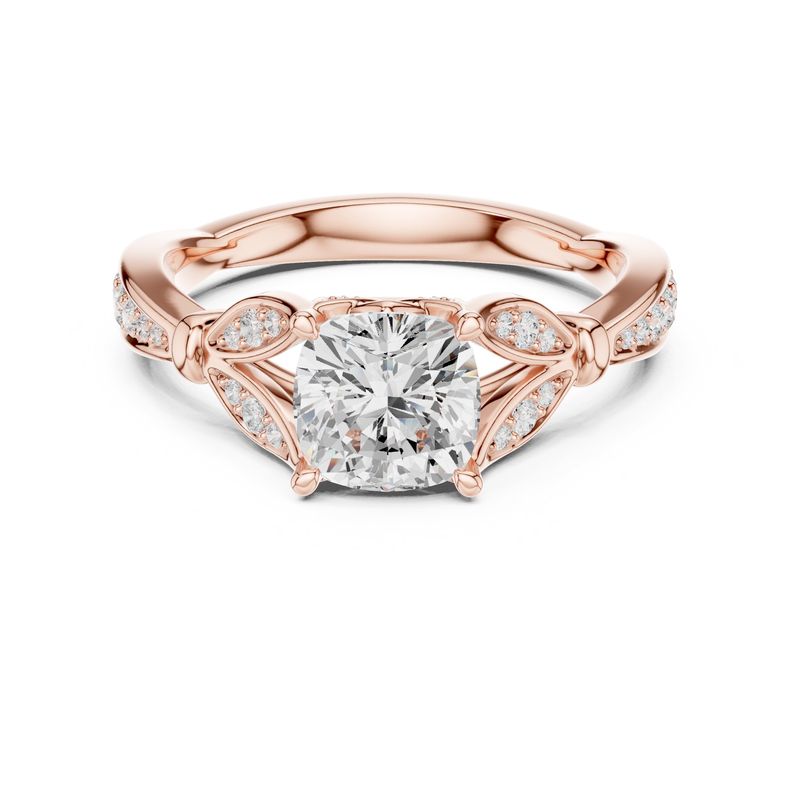 Cushion Cut Halo Engagement Ring with Floral Side Accents in Rose Gold - VYKA Diamonds