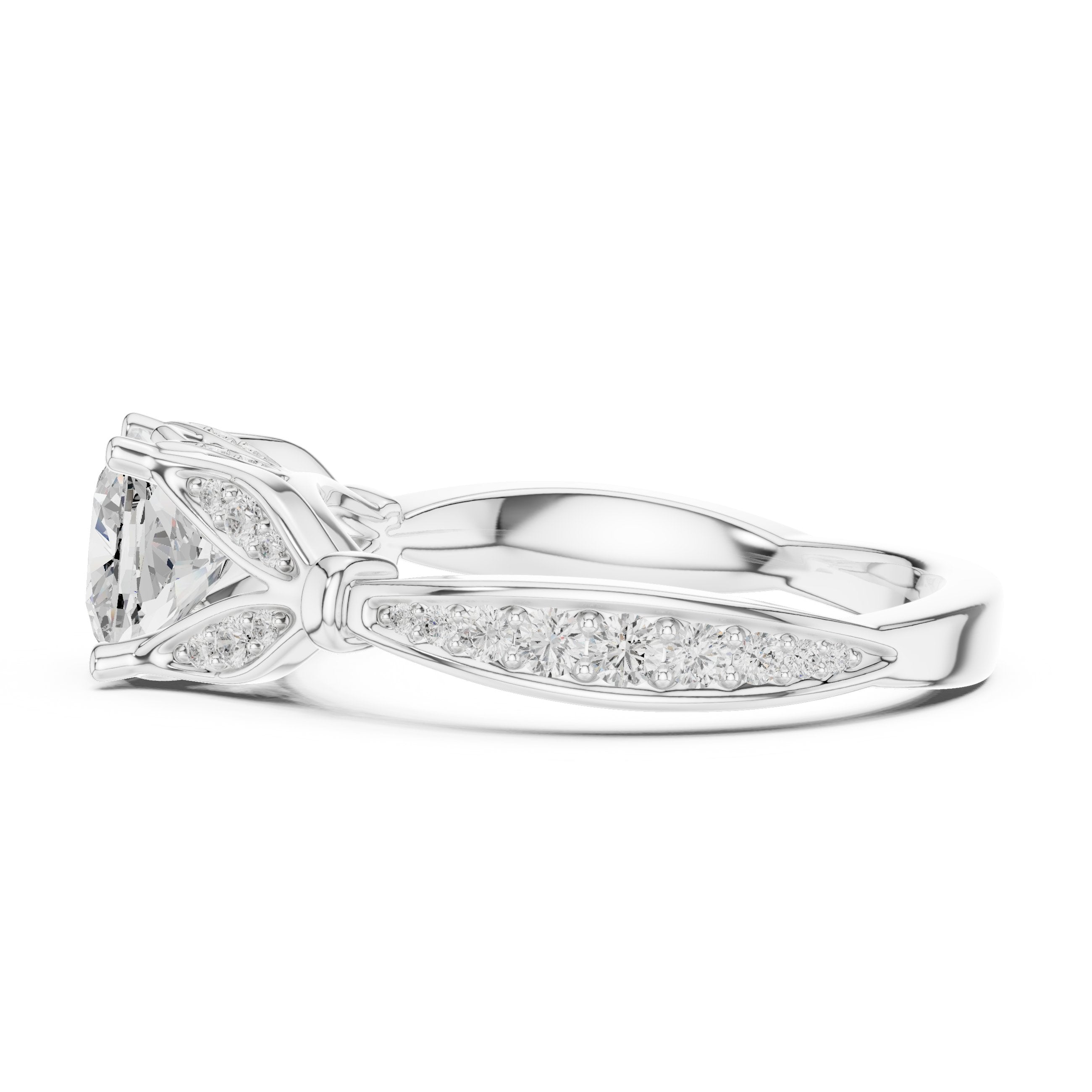 Cushion Cut Halo Engagement Ring with Floral Side Accents in White Gold - VYKA Diamonds