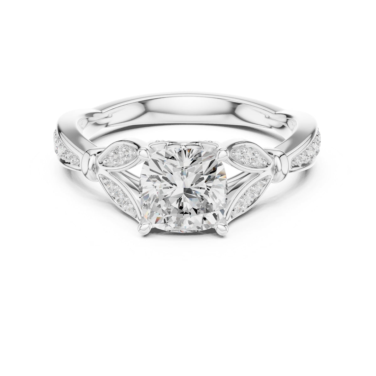 Cushion Cut Halo Engagement Ring with Floral Side Accents