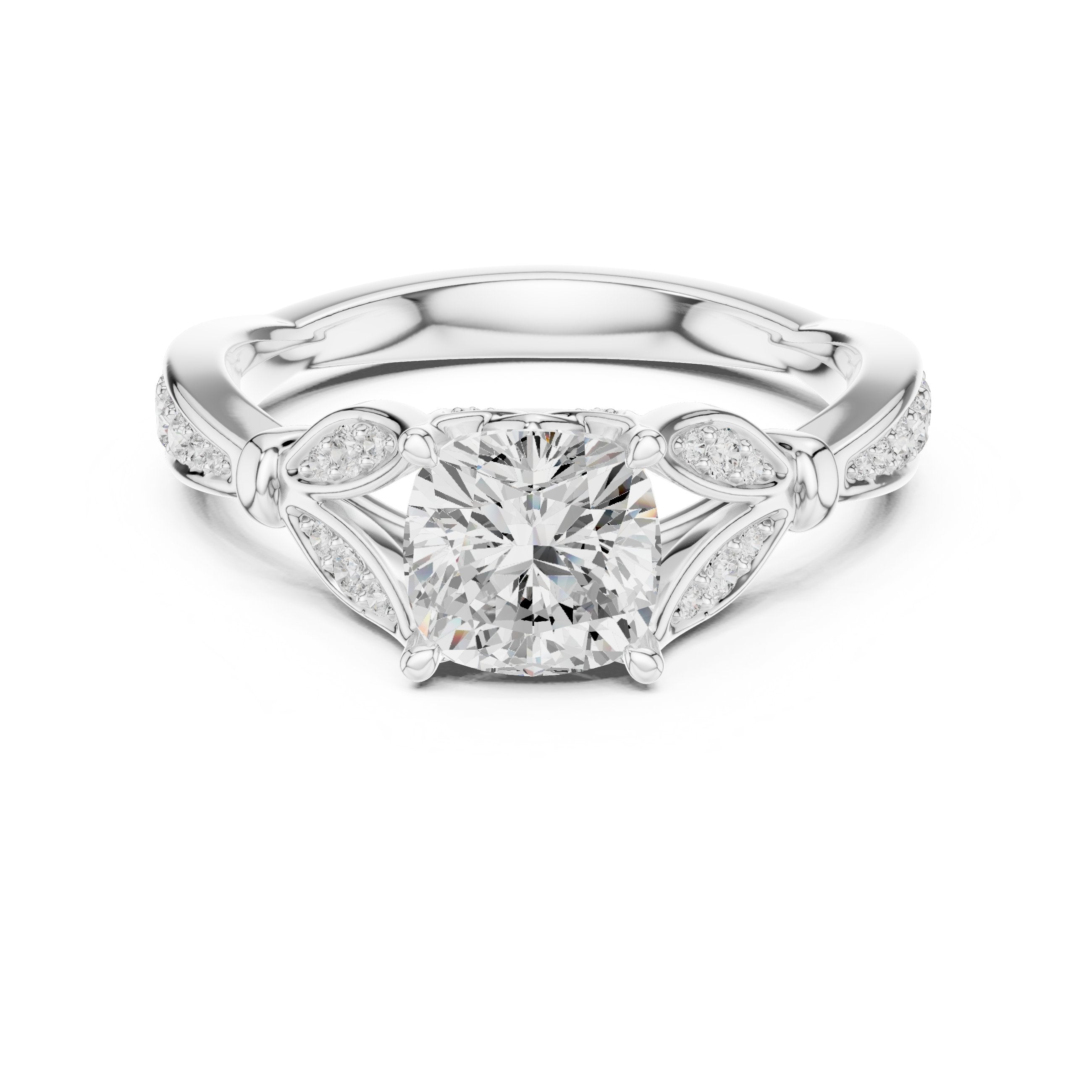 Cushion Cut Halo Engagement Ring with Floral Side Accents in White Gold - VYKA Diamonds