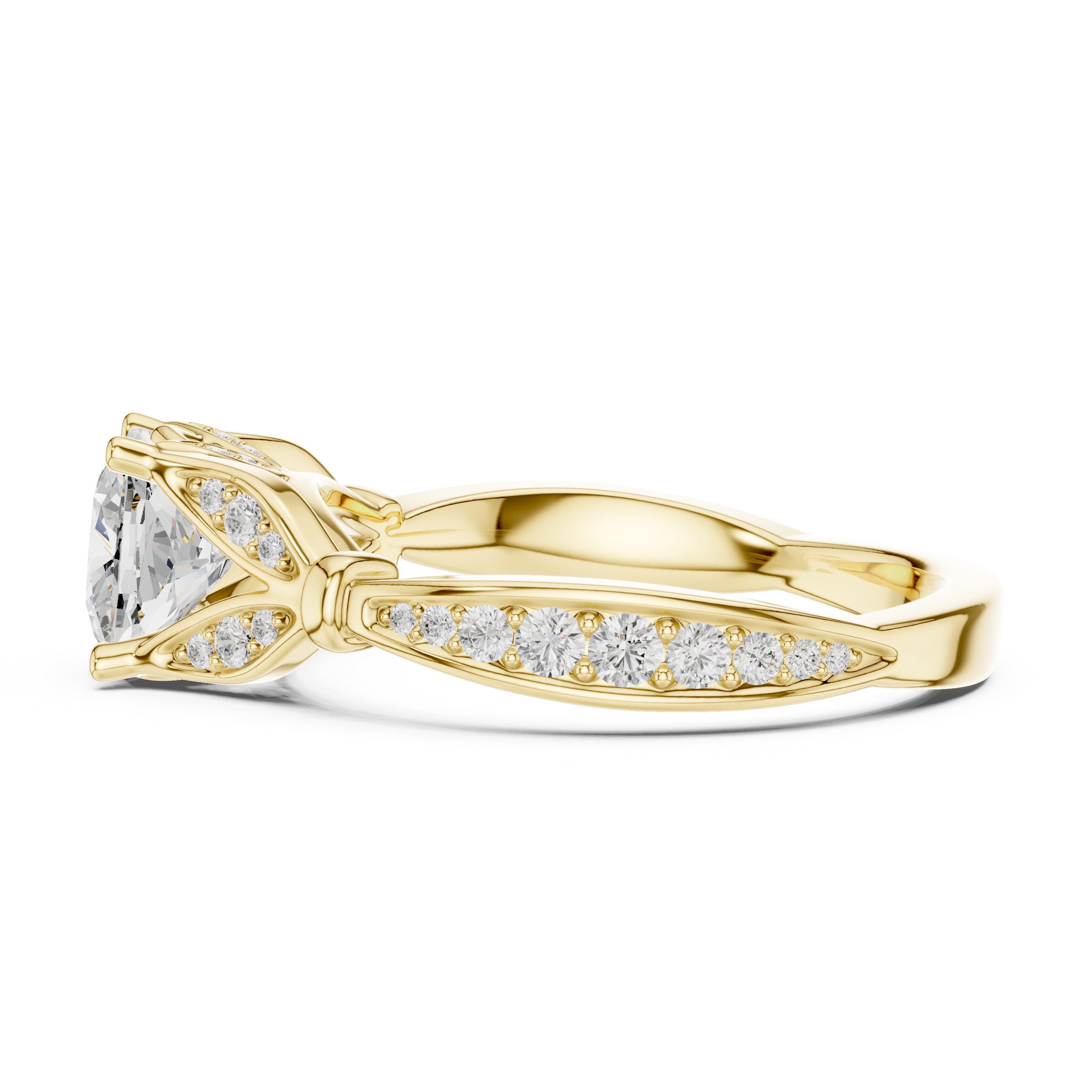 Cushion Cut Halo Engagement Ring with Floral Side Accents in Yellow Gold - VYKA Diamonds