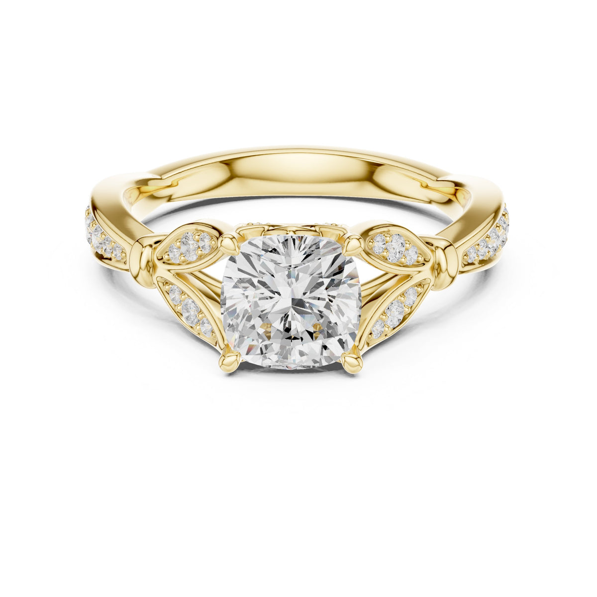Cushion Cut Halo Engagement Ring with Floral Side Accents