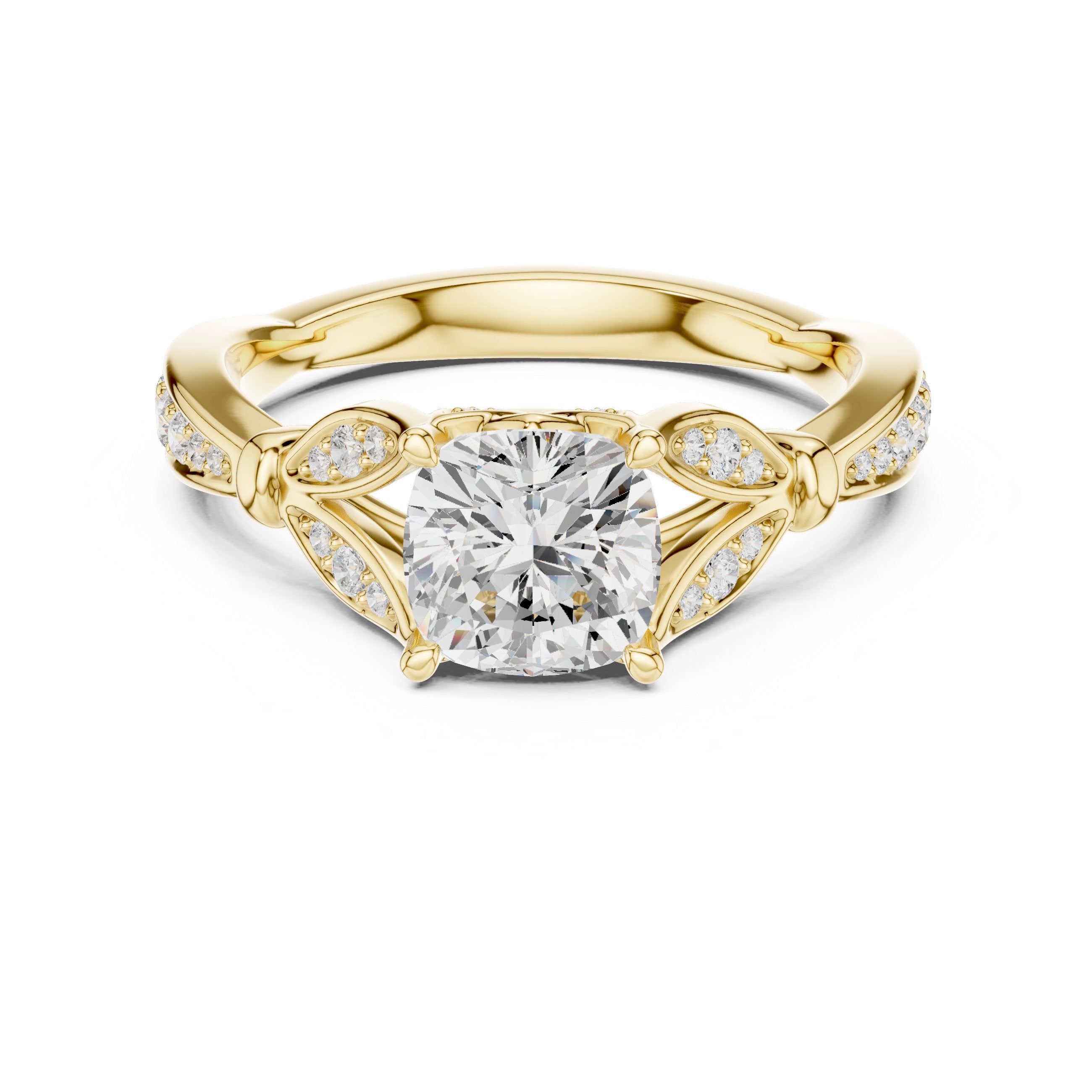 Cushion Cut Halo Engagement Ring with Floral Side Accents in Yellow Gold - VYKA Diamonds