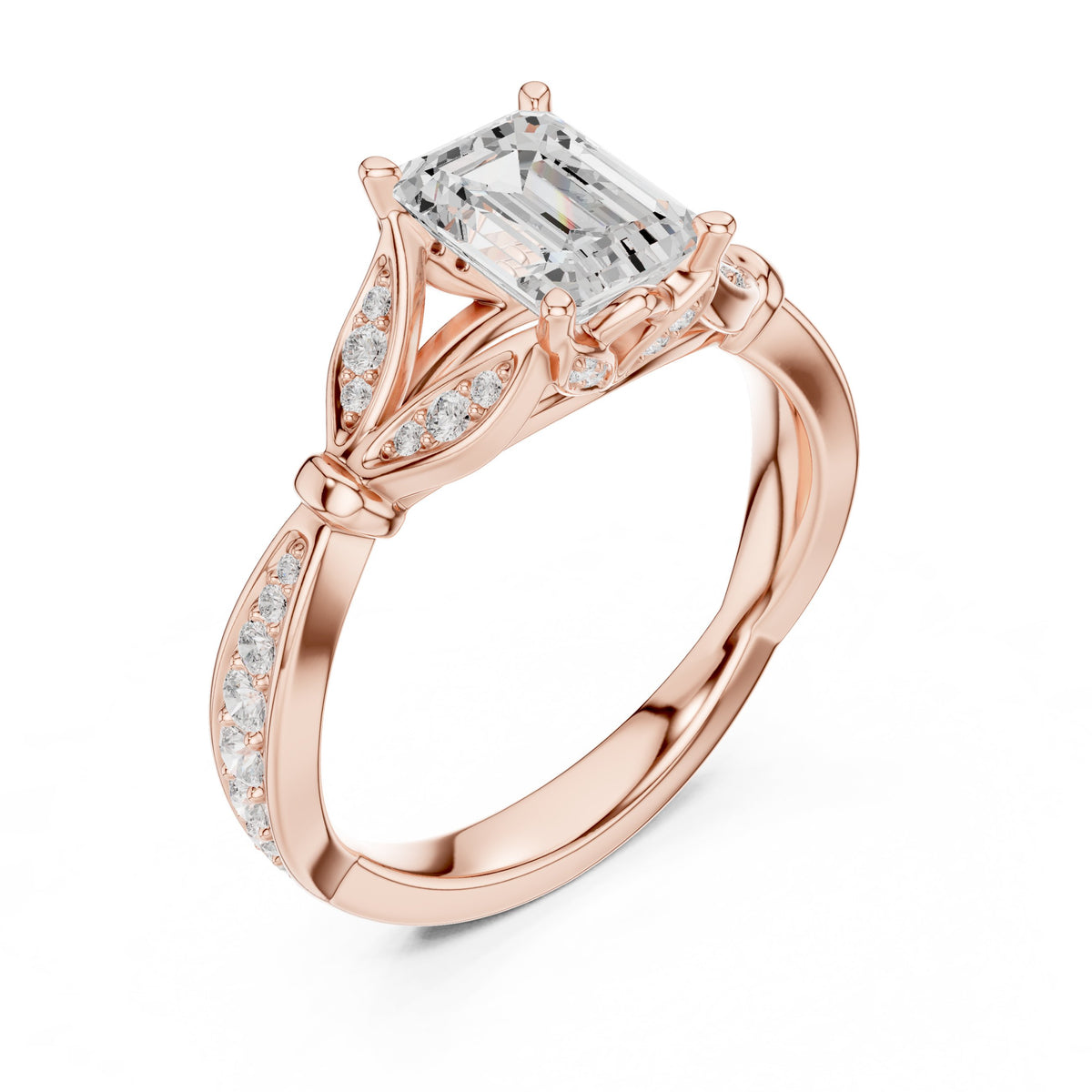 Emerald Cut Engagement Ring with Leaf Side Accents and Pavé Band