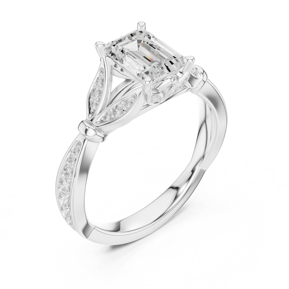 Emerald Cut Engagement Ring with Leaf Side Accents and Pavé Band
