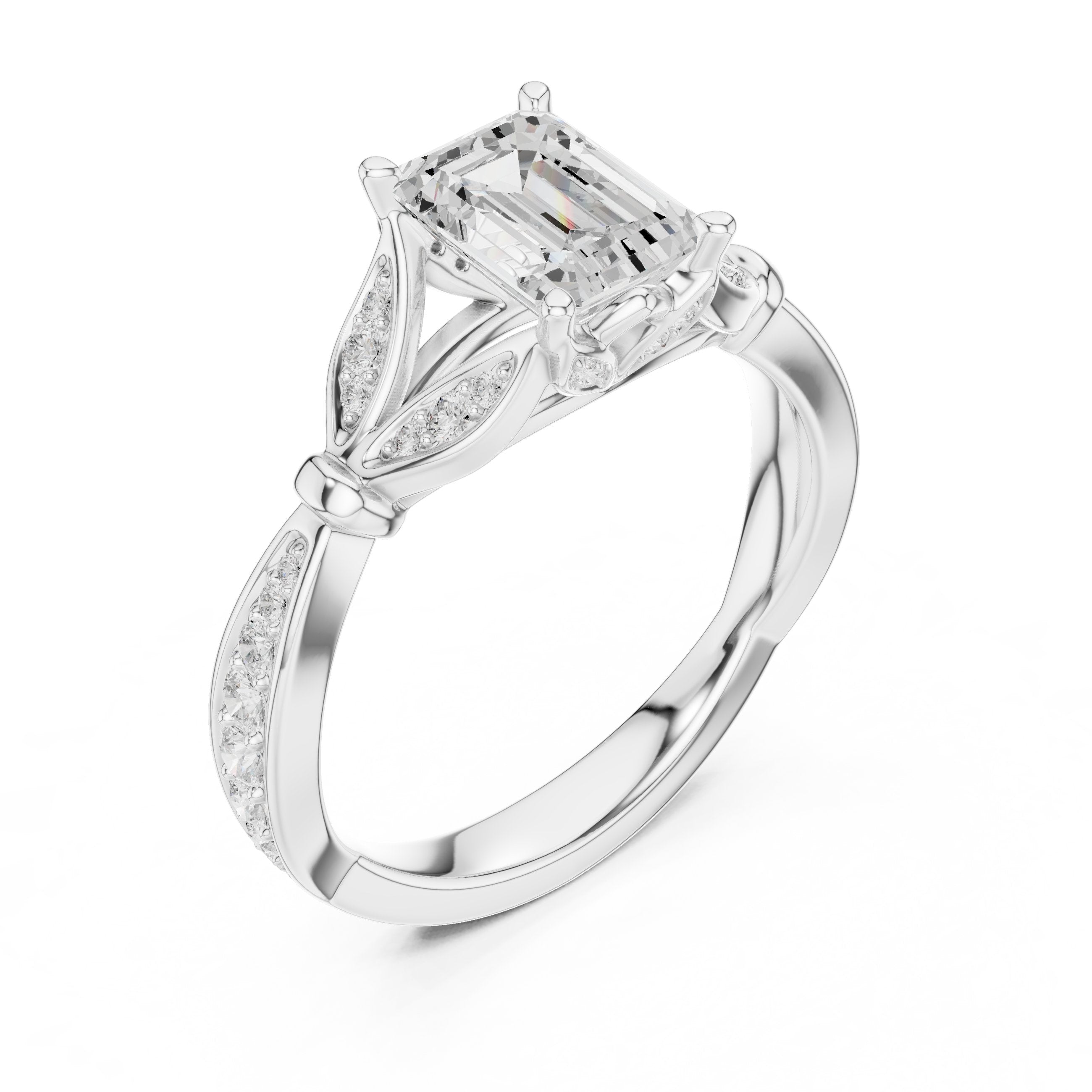 Emerald Cut Engagement Ring with Leaf Side Accents and Pavé Band in White Gold - VYKA Diamonds