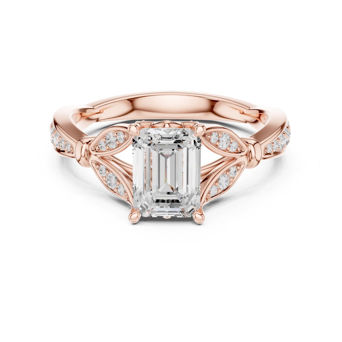 Emerald Cut Engagement Ring with Leaf Side Accents and Pavé Band