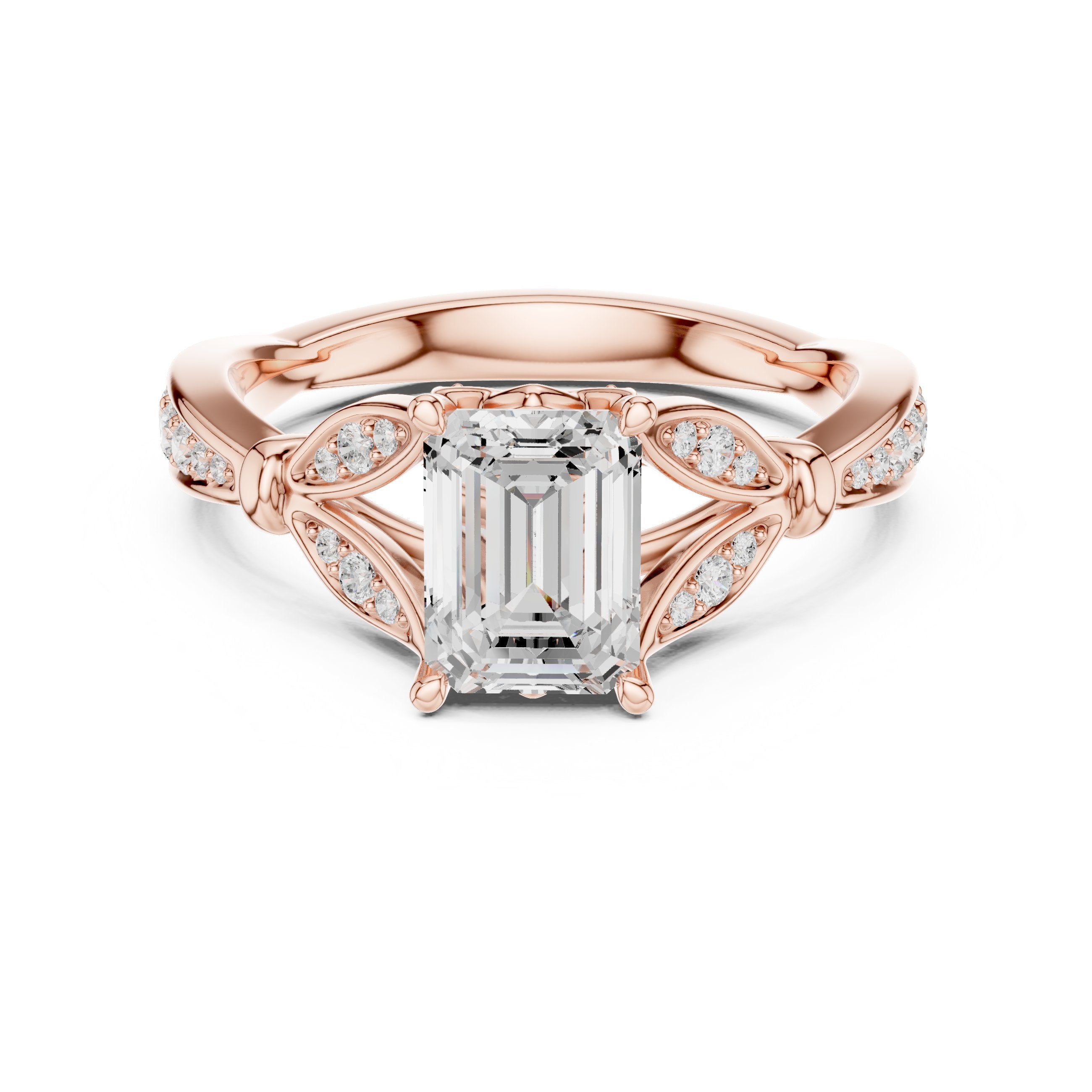 Emerald Cut Engagement Ring with Leaf Side Accents and Pavé Band in Rose Gold - VYKA Diamonds