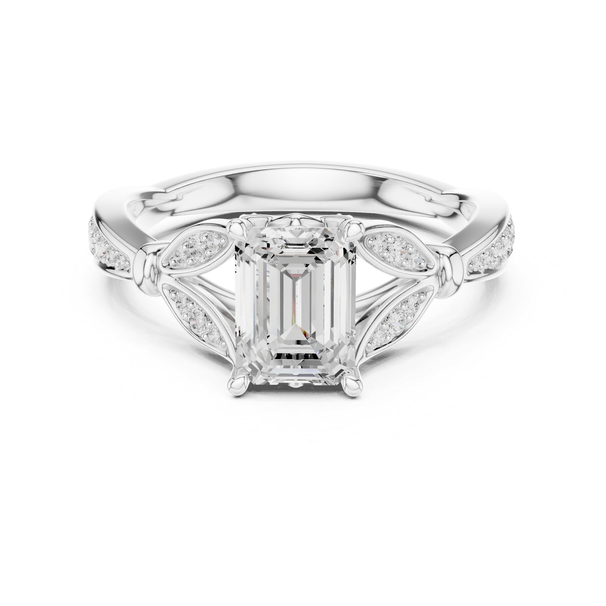 Emerald Cut Engagement Ring with Leaf Side Accents and Pavé Band